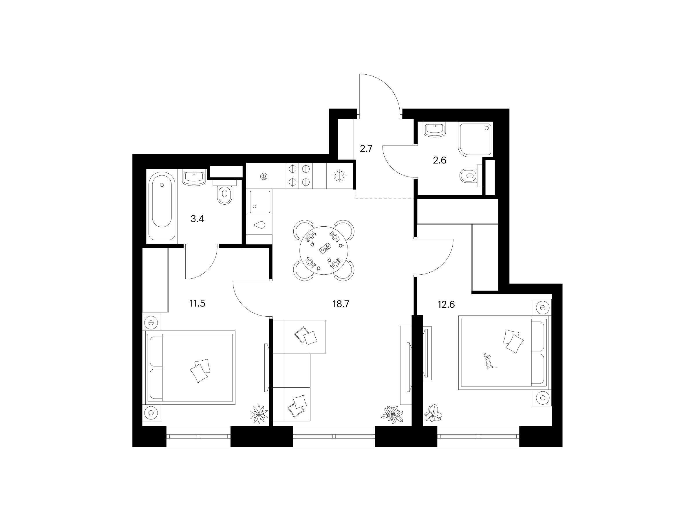 Планировка: 2-комн. квартира 51.50 м² в новостройке Нарвин