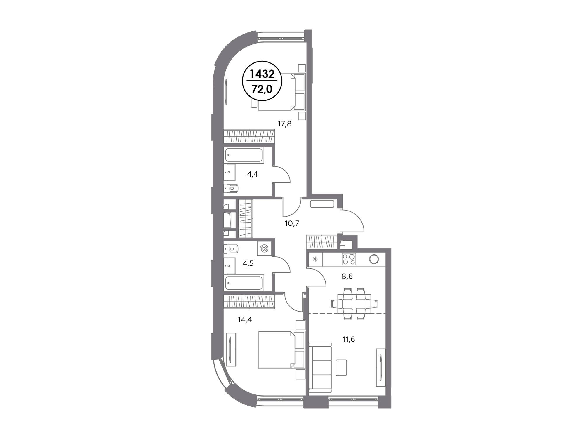 Планировка: 3-комн. квартира 72.00 м² в новостройке Адмирал