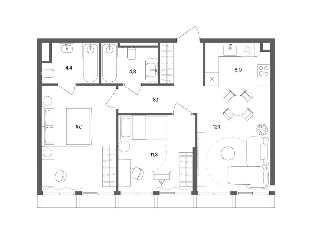 Планировка: 2-комн. квартира 63.80 м² в новостройке Стоун Сокольники