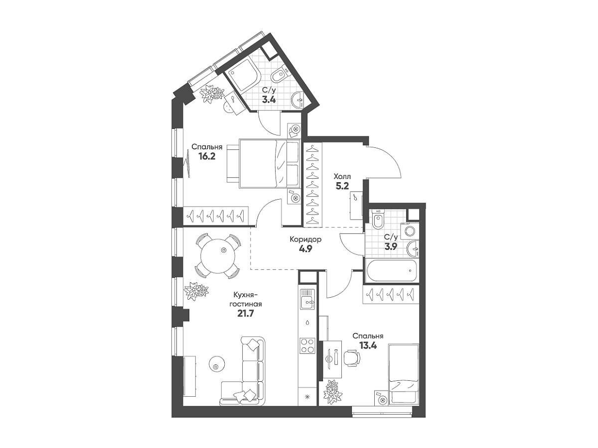Планировка: 2-комн. квартира 68.70 м² в новостройке ЖК Соколинн Парк