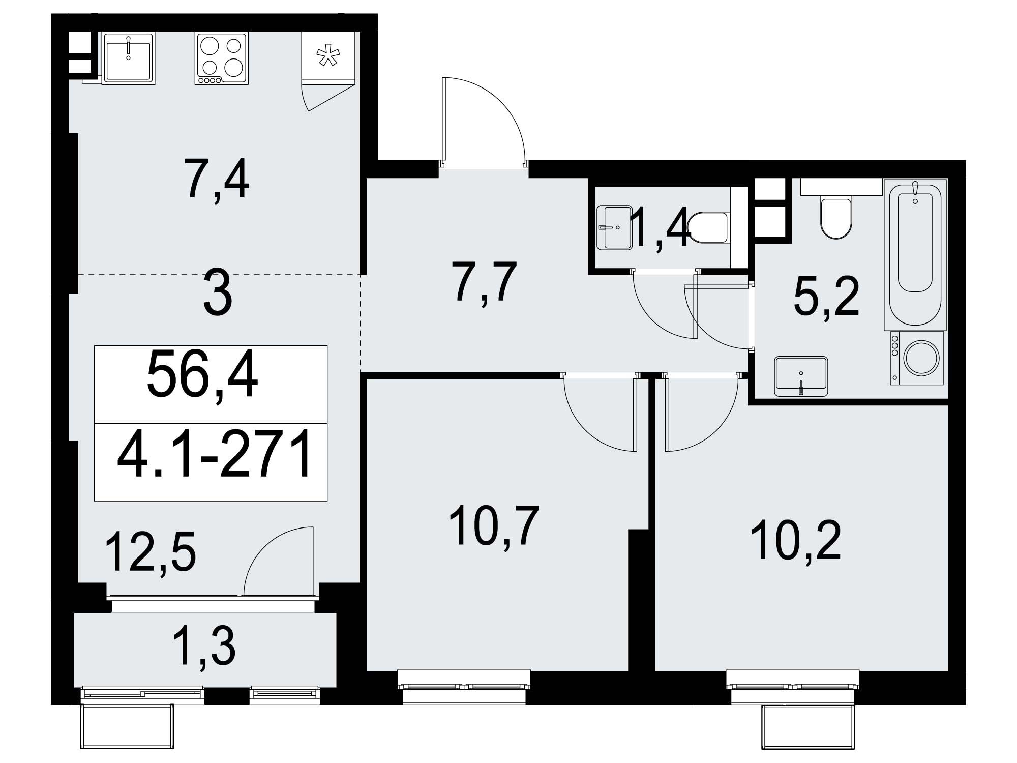 Планировка: 3-комн. квартира 56.00 м² в новостройке Южные Сады