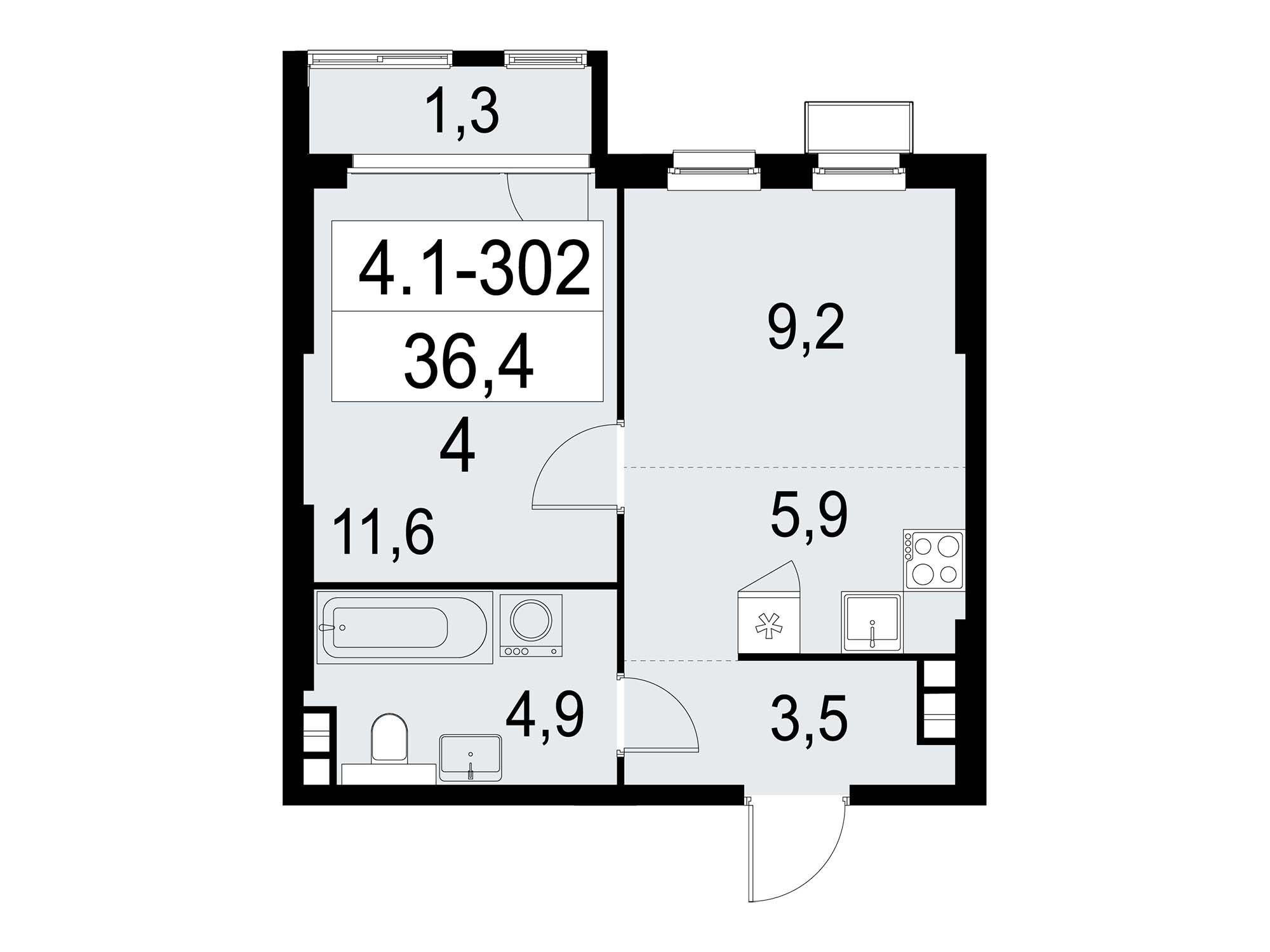Планировка: 2-комн. квартира 36.40 м² в новостройке Южные Сады