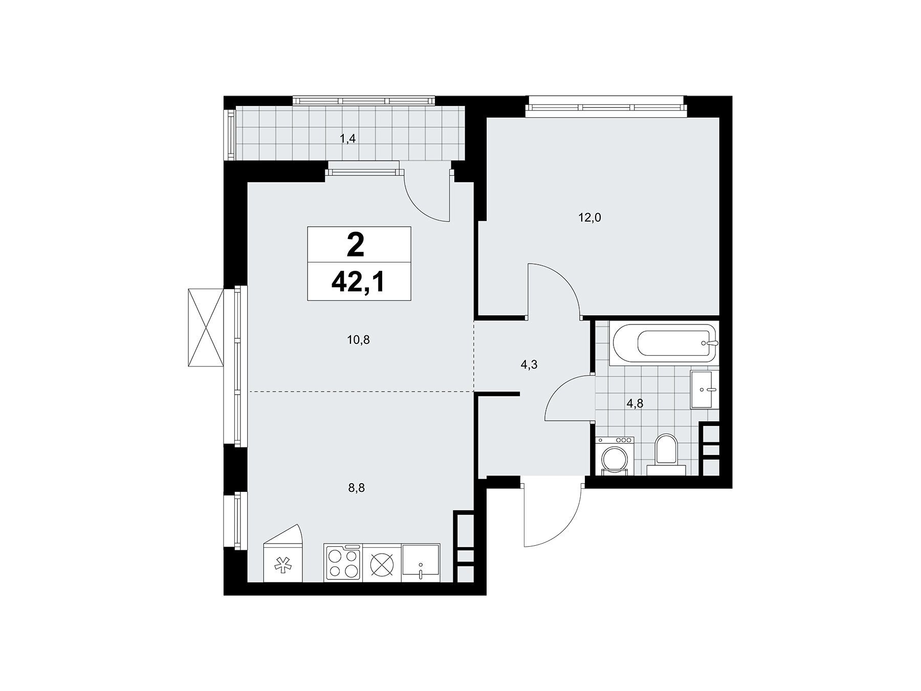 Планировка: 2-комн. квартира 42.10 м² в новостройке Южные Сады