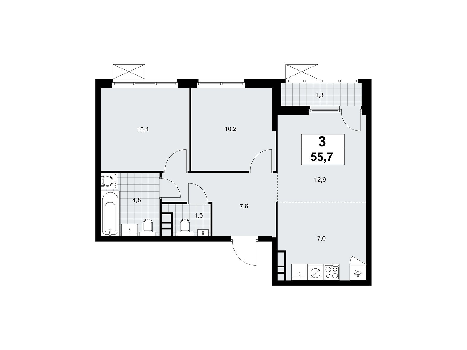 Планировка: 3-комн. квартира 55.70 м² в новостройке Южные Сады