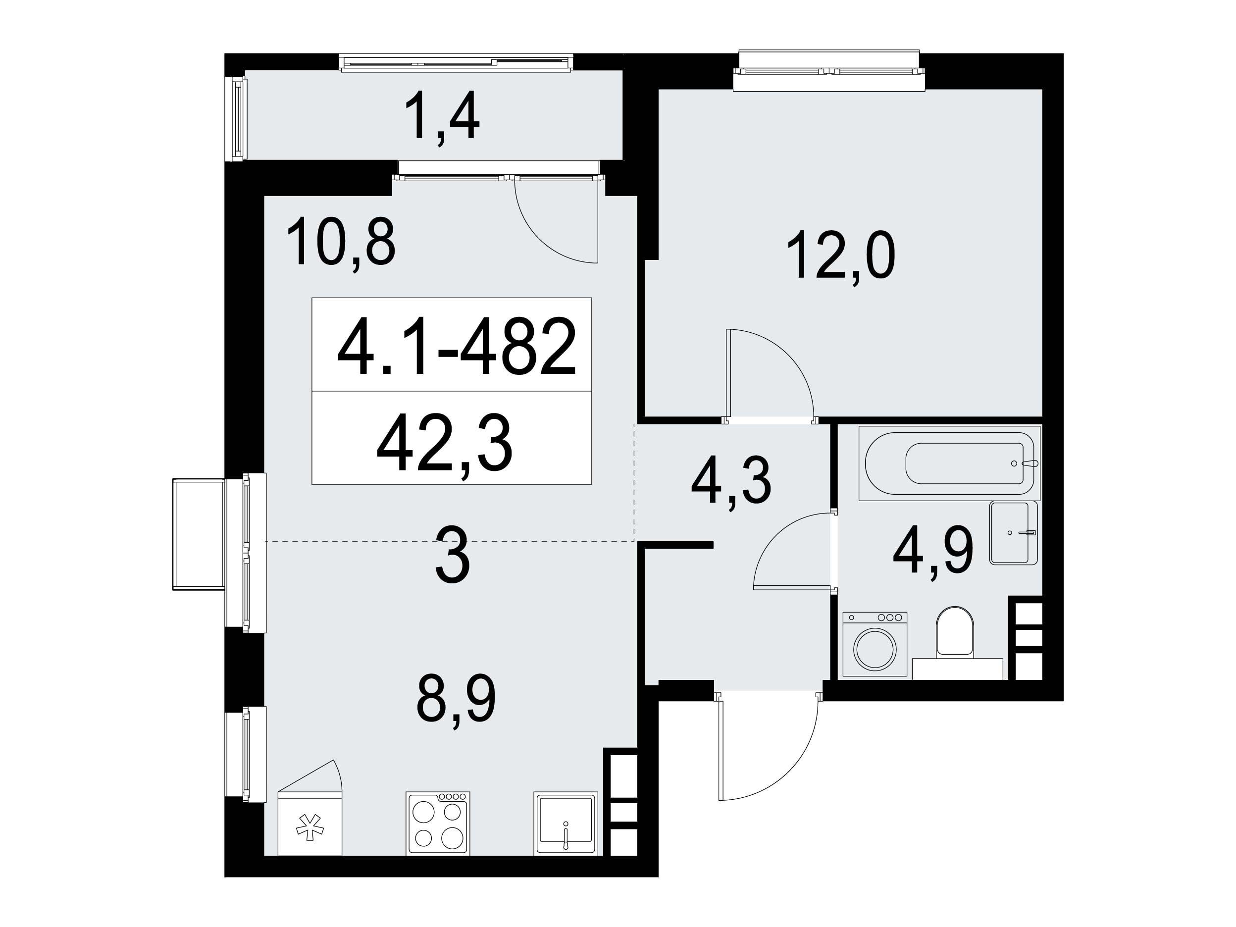 Планировка: 2-комн. квартира 42.20 м² в новостройке Южные Сады