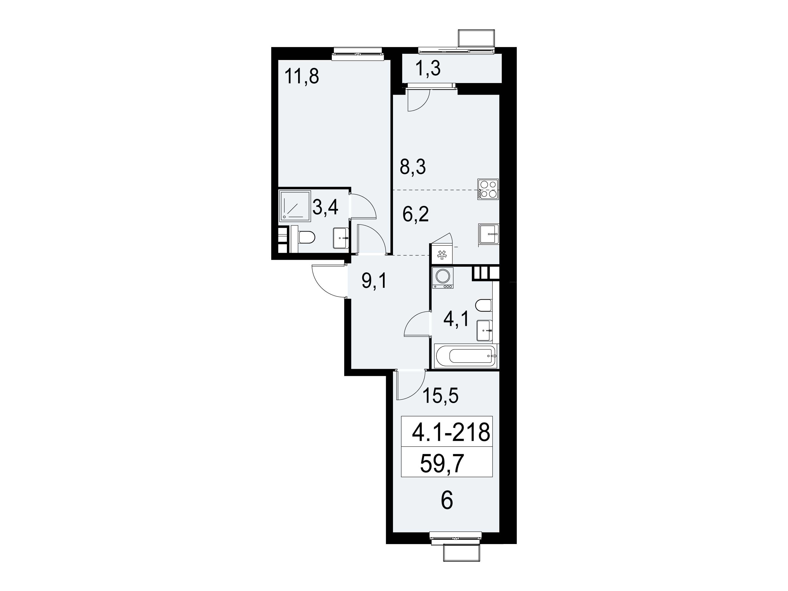 Планировка: 3-комн. квартира 59.70 м² в новостройке Южные Сады