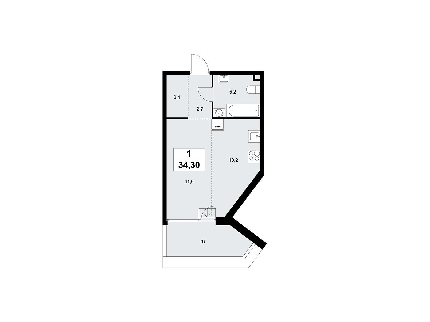 Планировка: Студия 34.30 м² в новостройке Дом на Зорге
