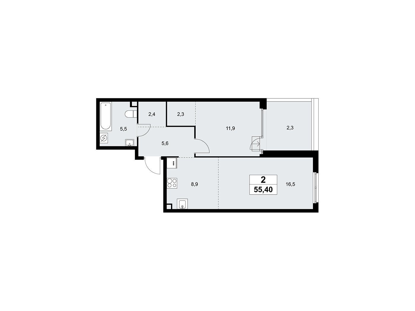 Планировка: 2-комн. квартира 55.40 м² в новостройке Дом на Зорге
