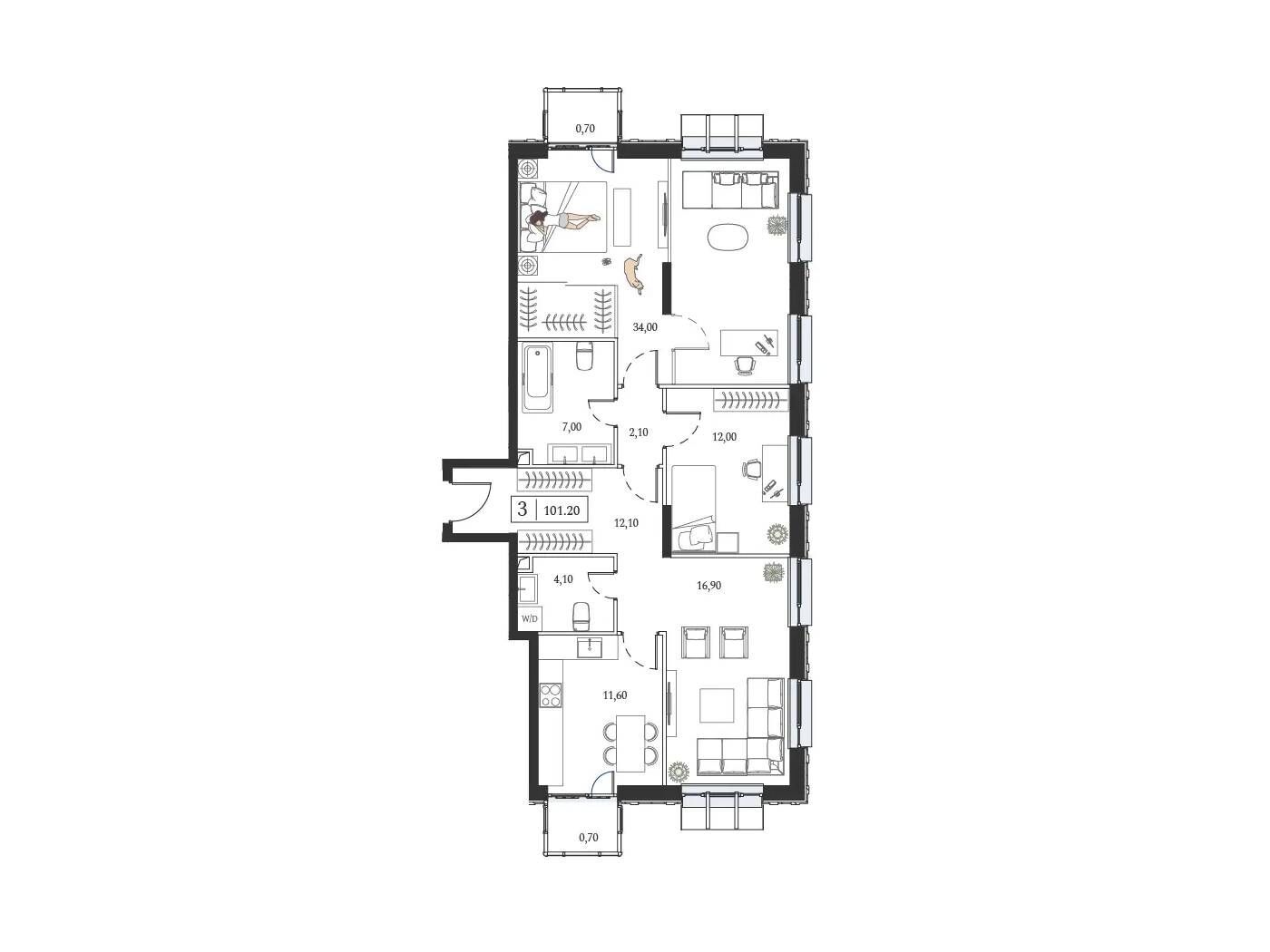 Планировка: 3-комн. квартира 101.20 м² в новостройке ЖК Дрим Тауэрс