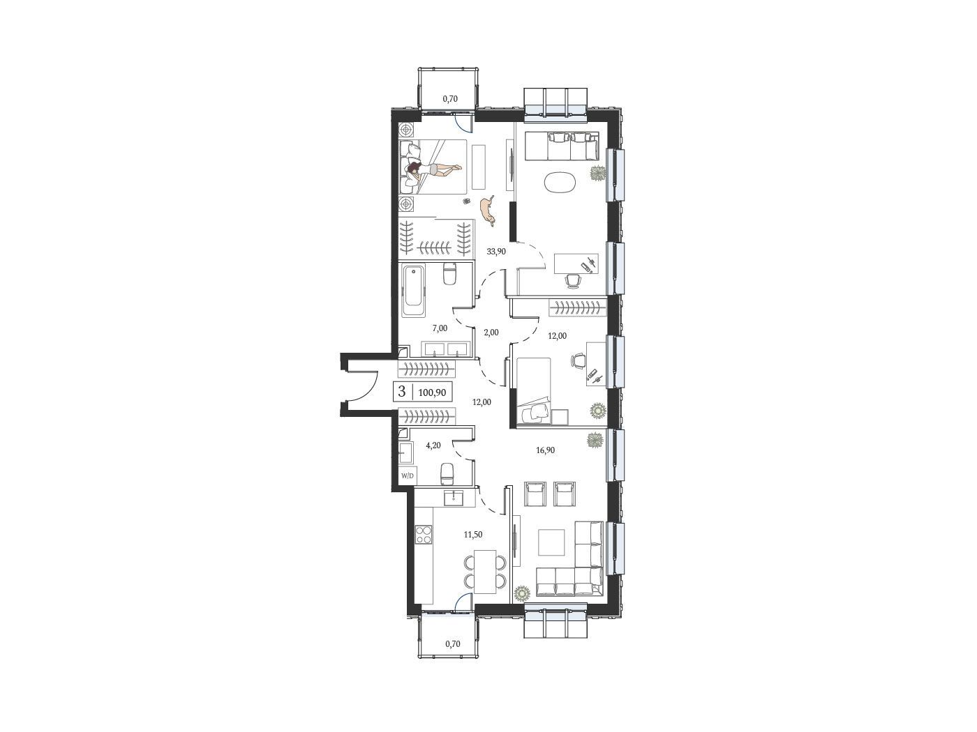 Планировка: 3-комн. квартира 100.90 м² в новостройке ЖК Дрим Тауэрс