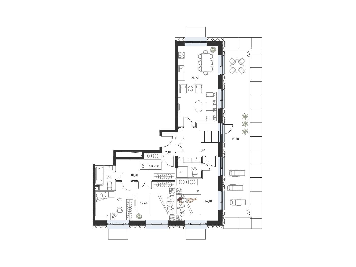 Планировка: 3-комн. квартира 103.90 м² в новостройке ЖК Дрим Тауэрс