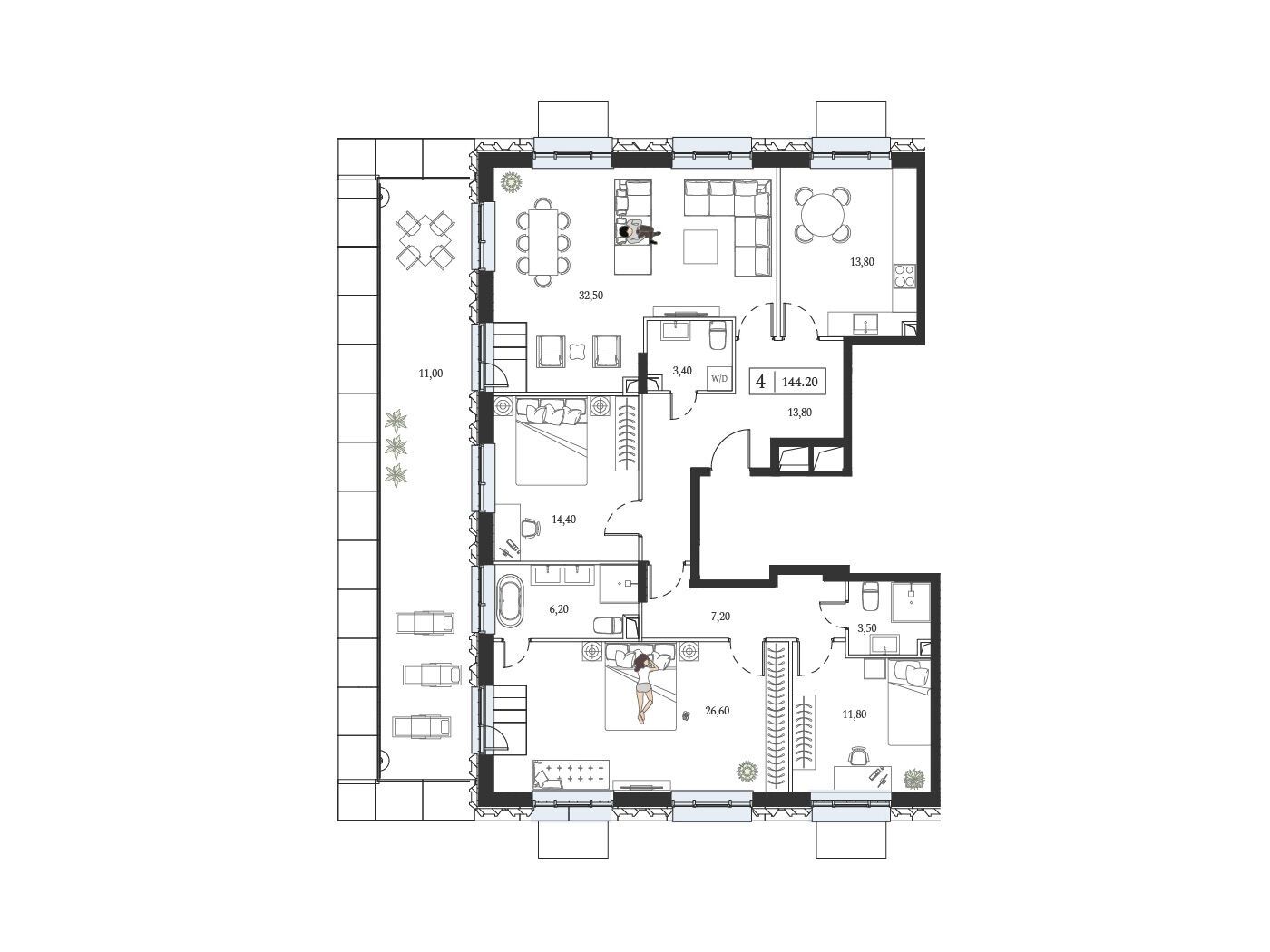 Планировка: 3-комн. квартира 144.20 м² в новостройке ЖК Дрим Тауэрс