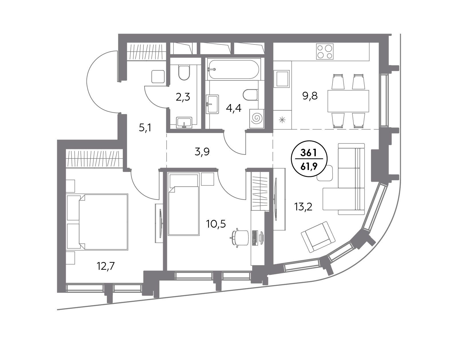 Планировка: 2-комн. квартира 61.90 м² в новостройке Дом 56