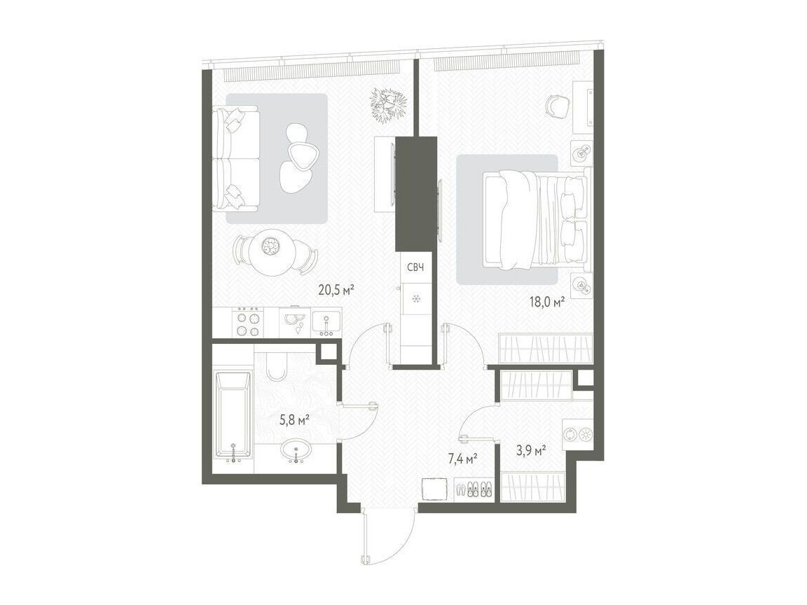 Планировка: 1-комн. квартира 55.60 м² в новостройке Оне