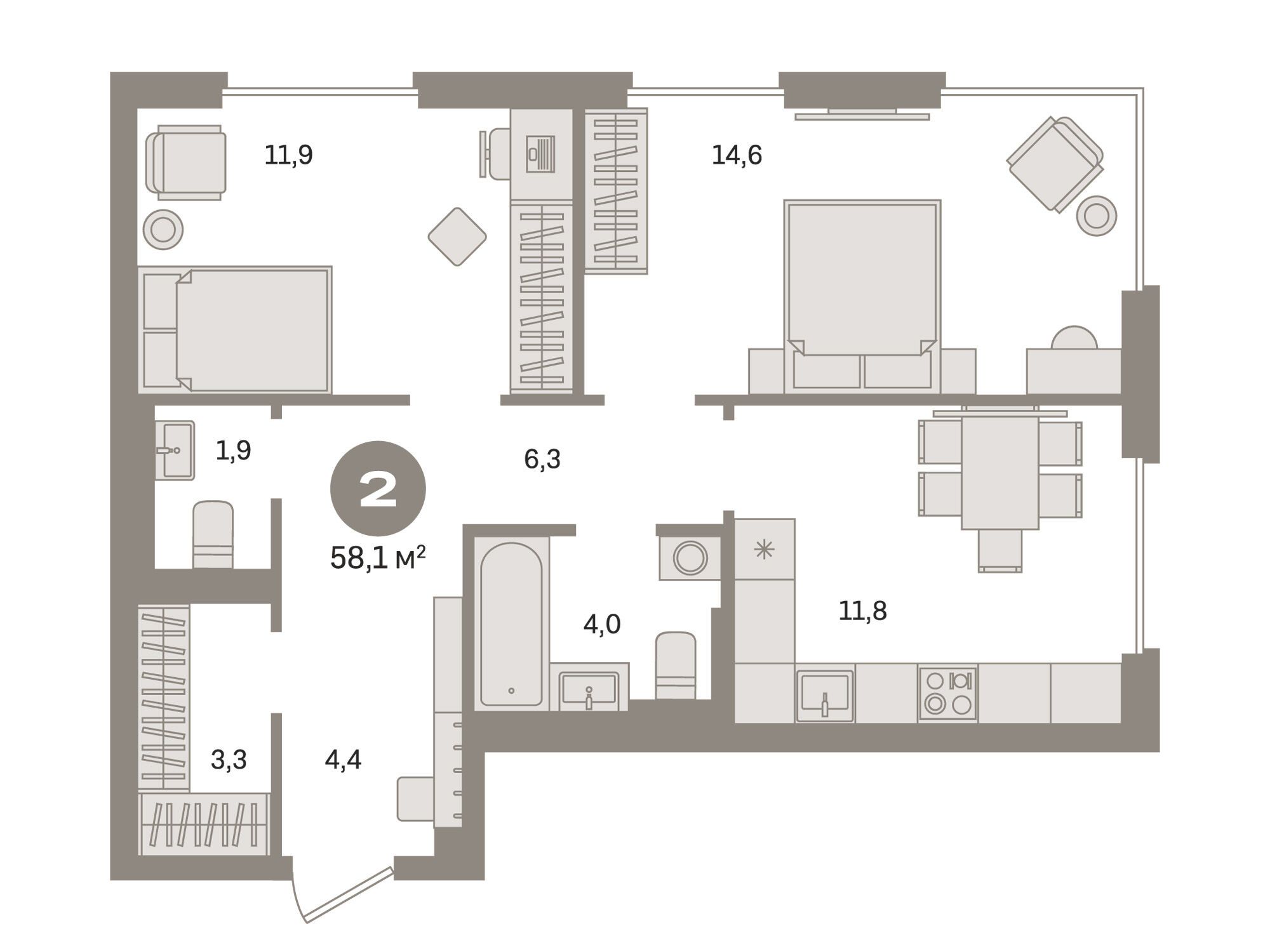 Планировка: 2-комн. квартира 58.10 м² в новостройке Квартал Герцена