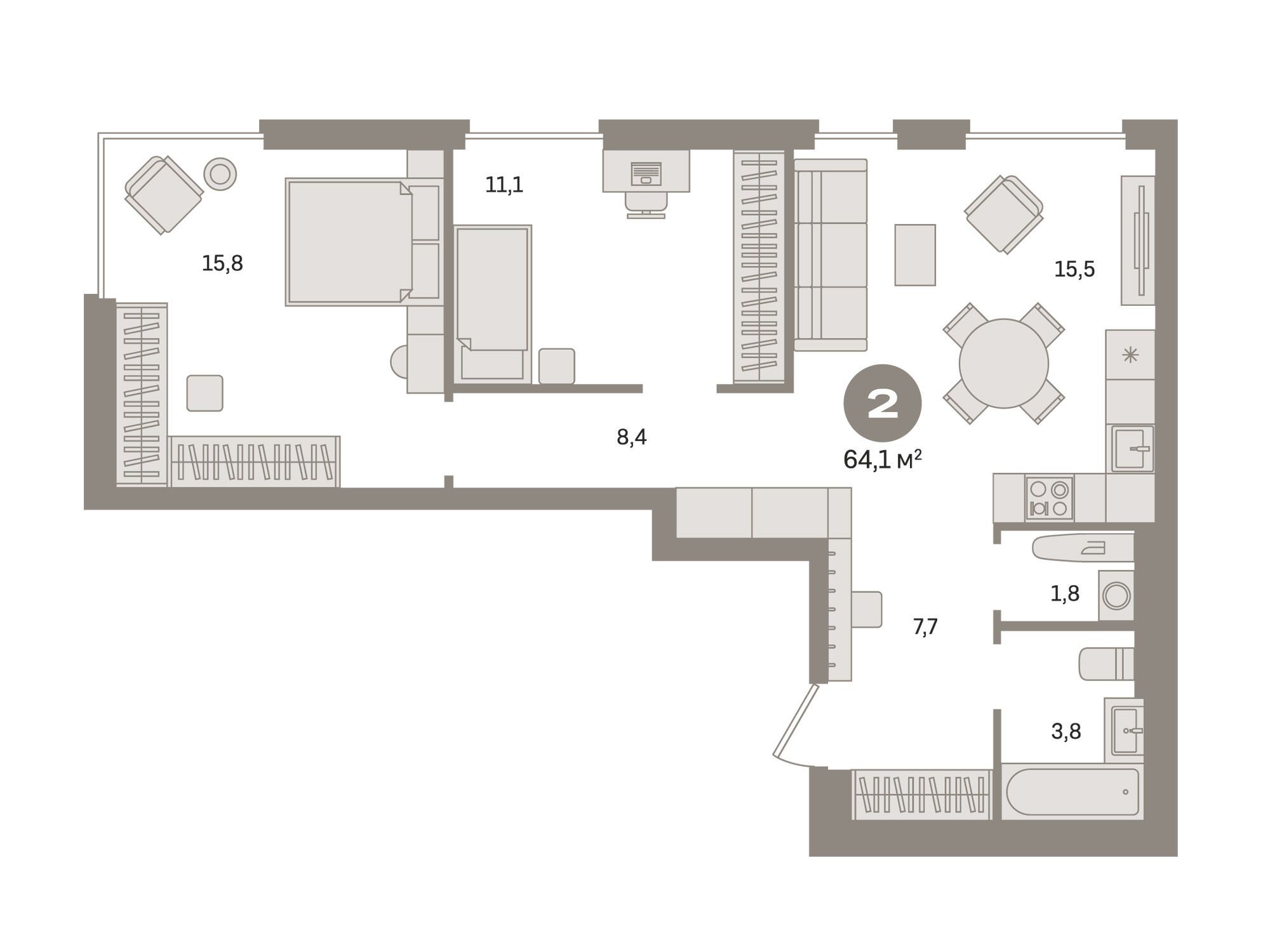 Планировка: 2-комн. квартира 64.10 м² в новостройке Квартал Герцена