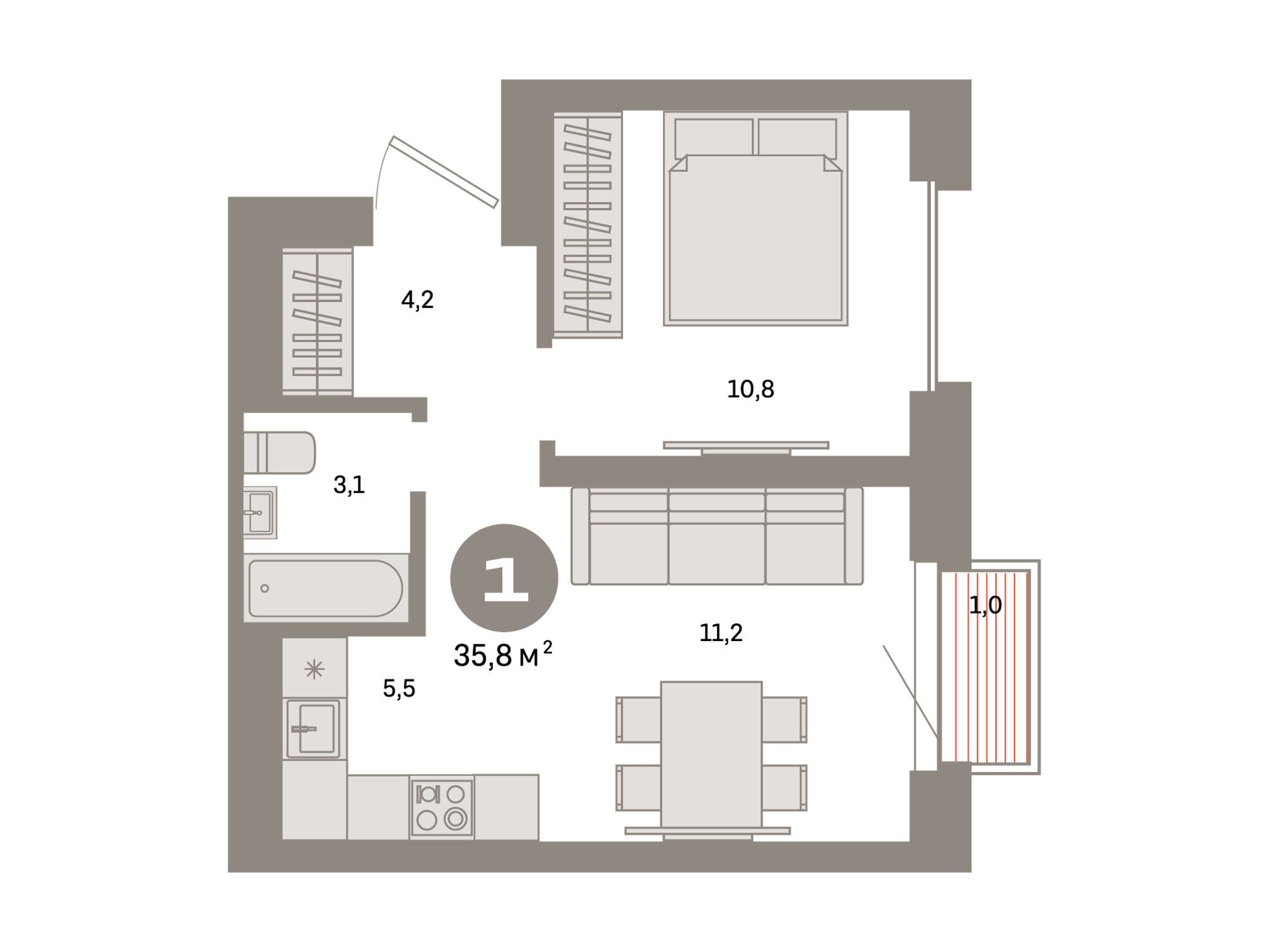 Планировка: 1-комн. квартира 35.80 м² в новостройке Метроном
