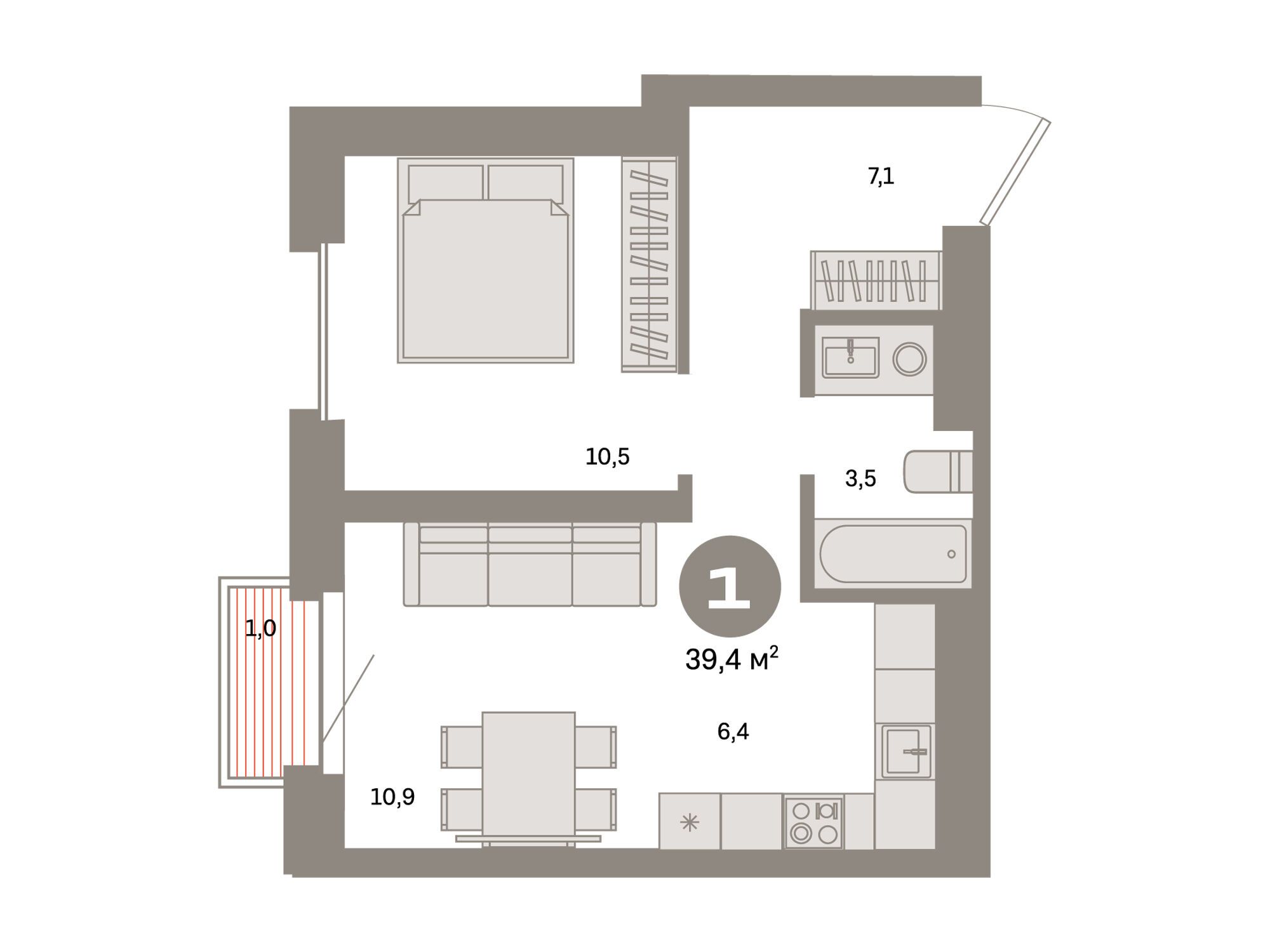 Планировка: 1-комн. квартира 39.40 м² в новостройке Метроном