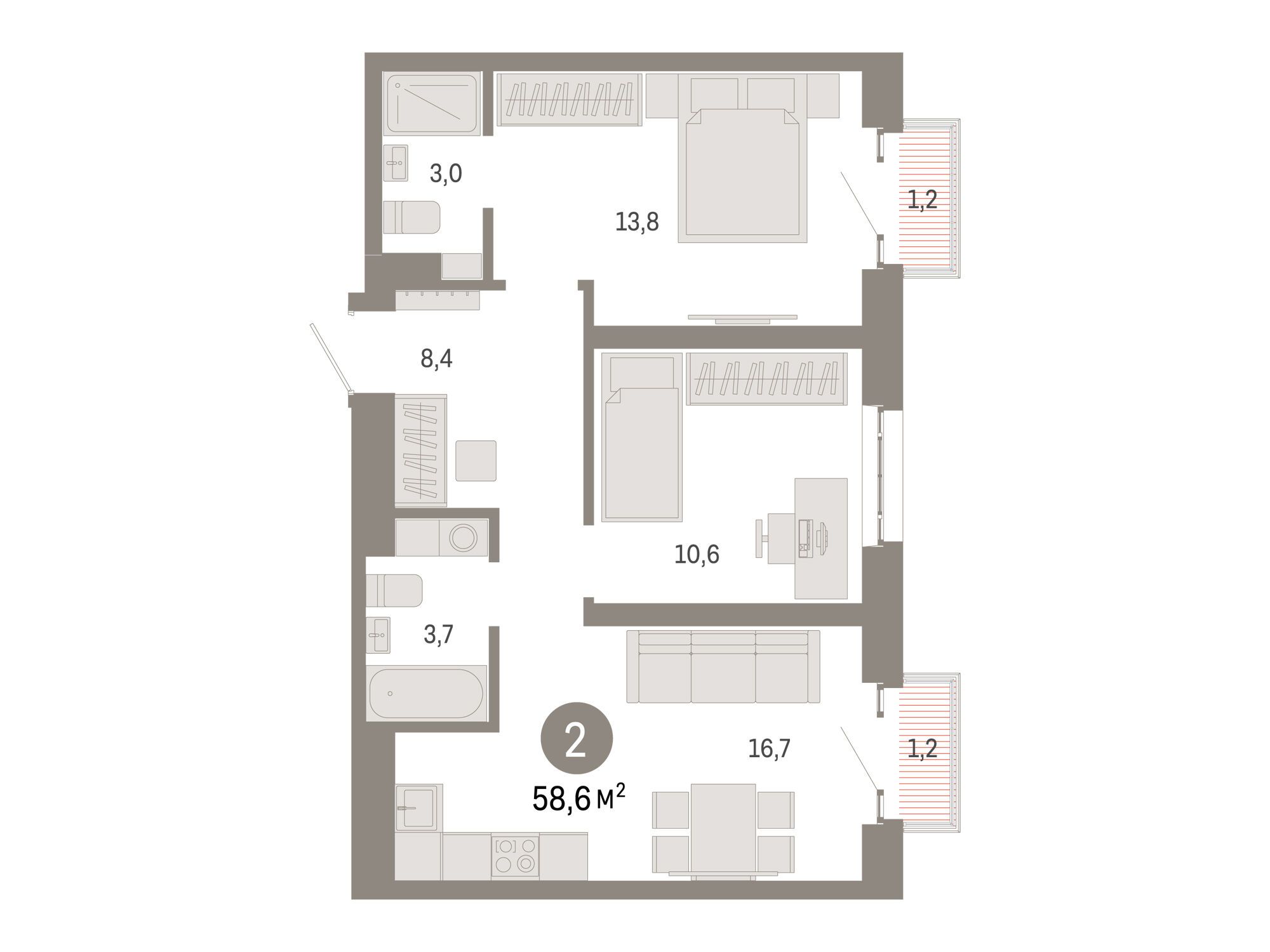 Планировка: 2-комн. квартира 58.60 м² в новостройке Метроном