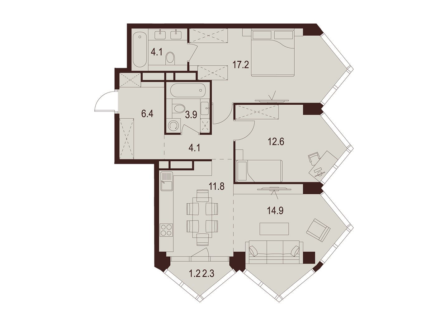 Планировка: 2-комн. квартира 76.20 м² в новостройке Инди Тауэрз
