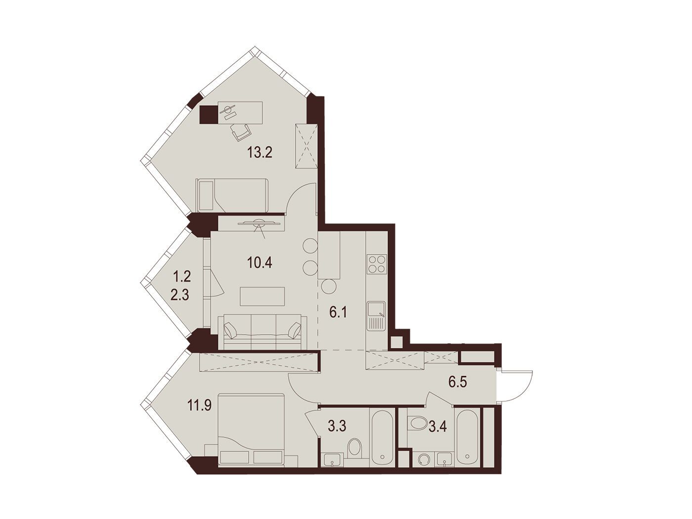 Планировка: 2-комн. квартира 56.00 м² в новостройке Инди Тауэрз