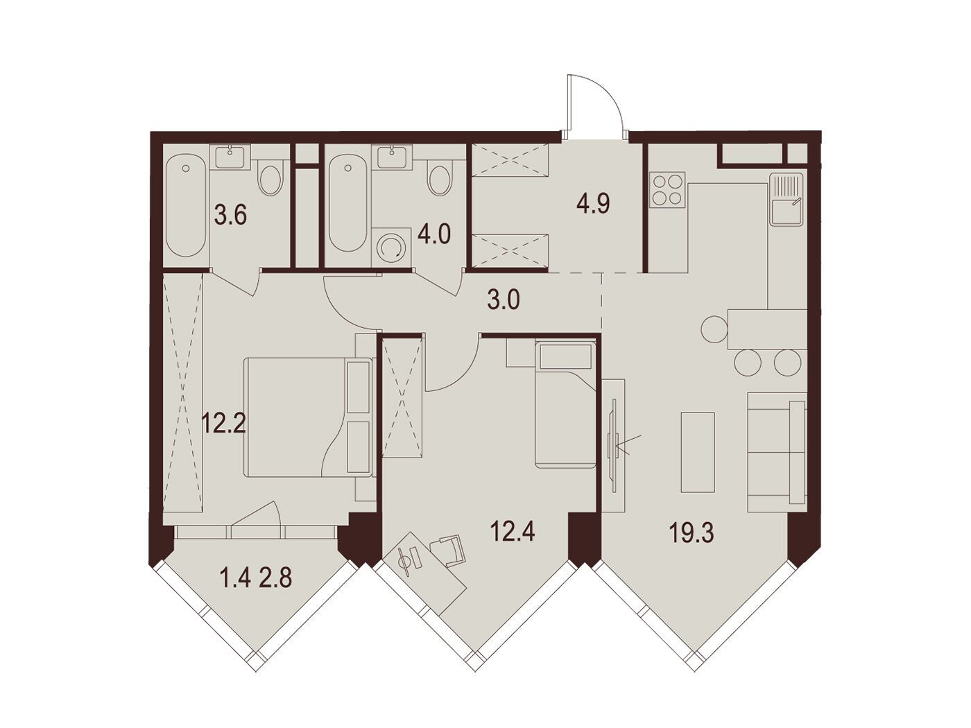 Планировка: 2-комн. квартира 60.80 м² в новостройке Инди Тауэрз