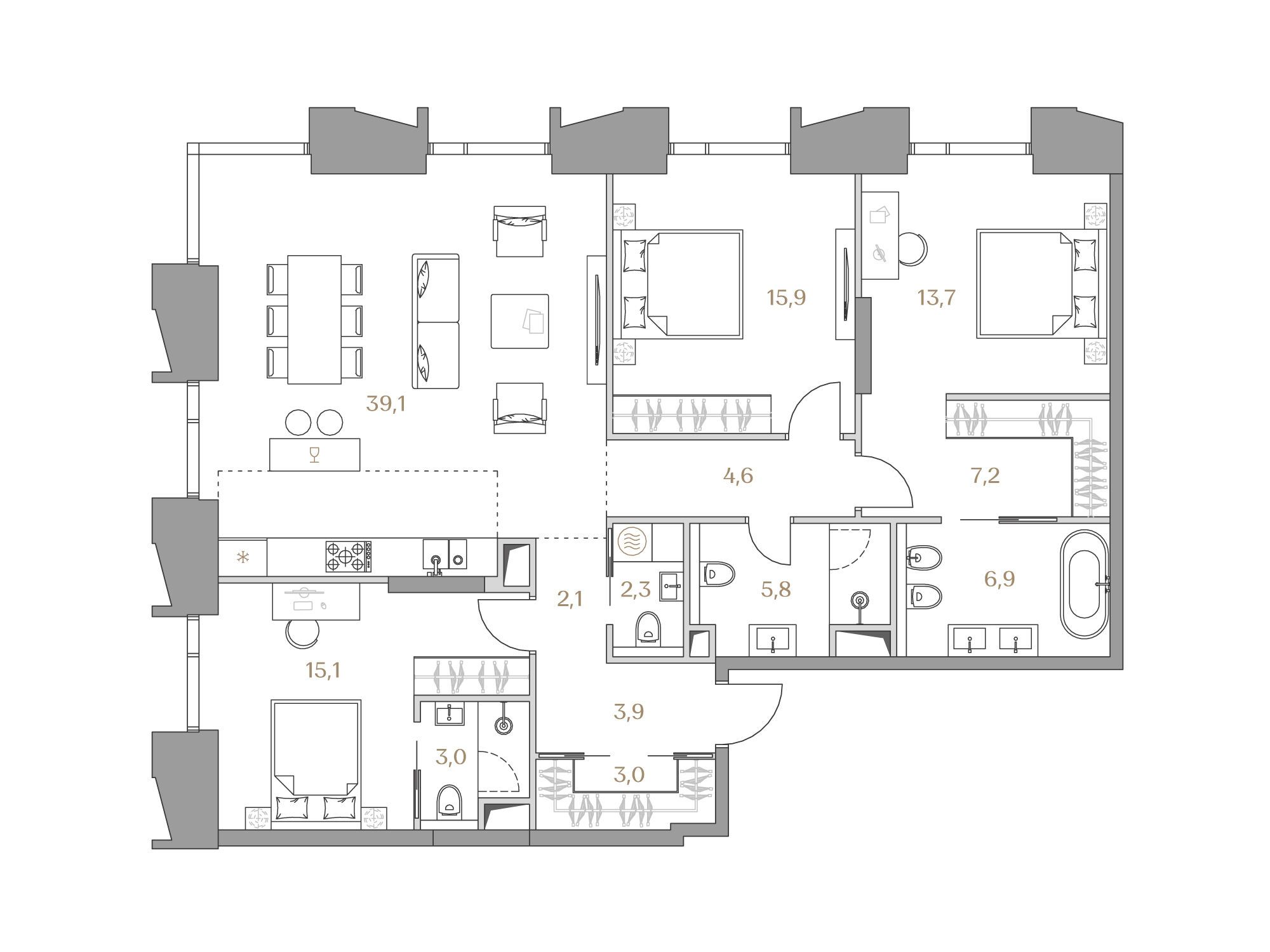 Планировка: 3-комн. квартира 122.60 м² в новостройке Коллекция Лужники