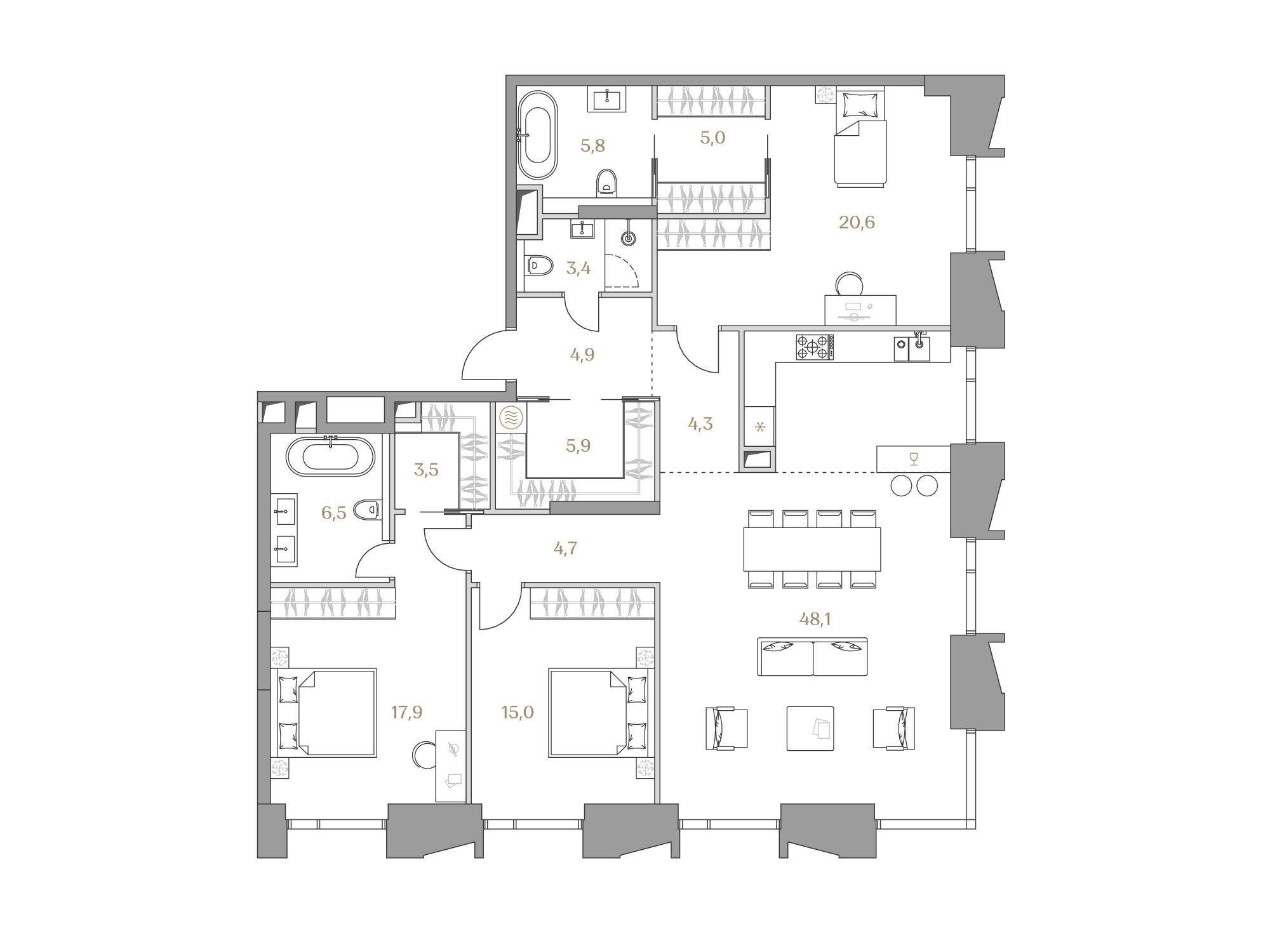 Планировка: 3-комн. квартира 145.60 м² в новостройке Коллекция Лужники