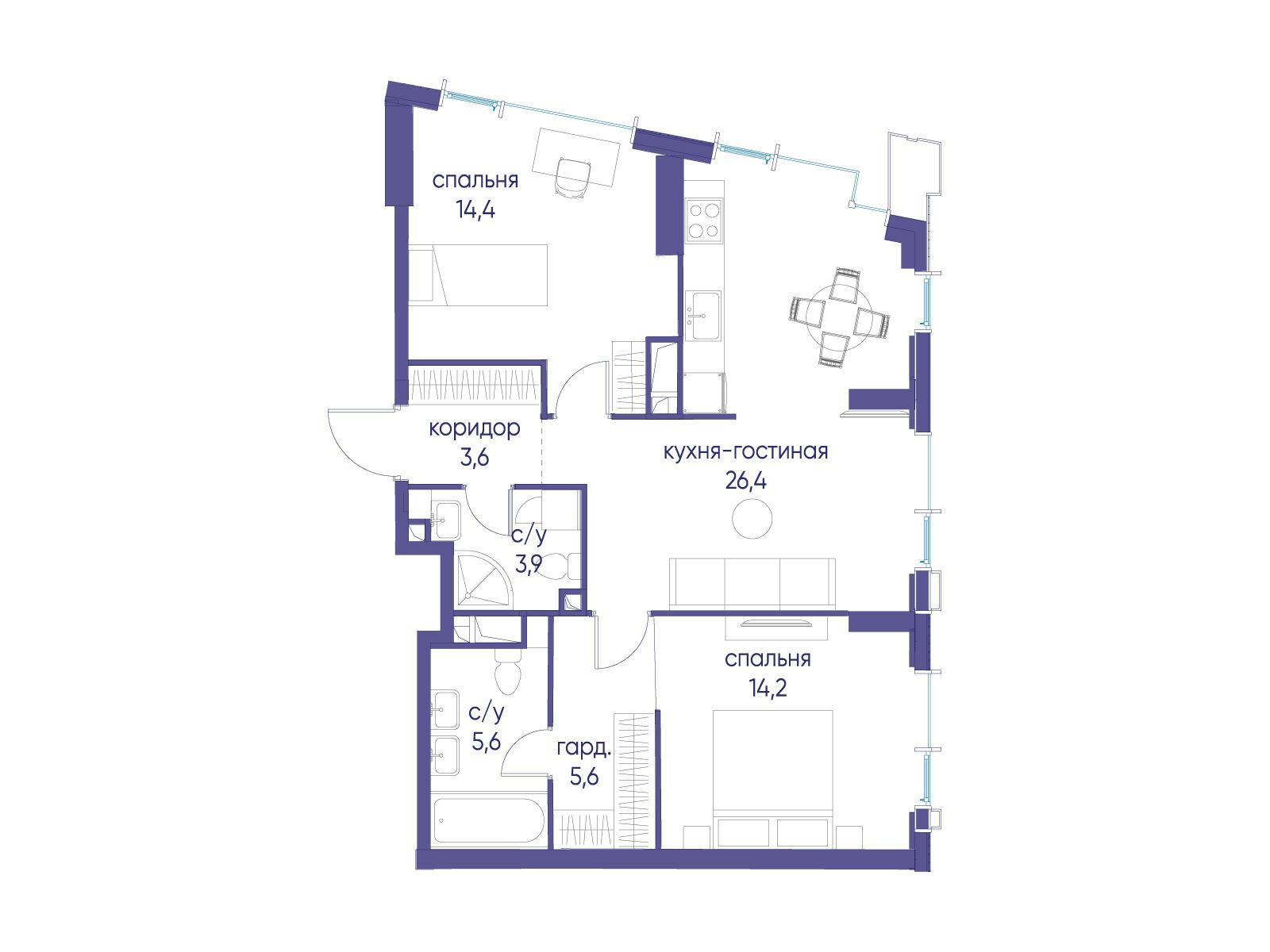 Планировка: 2-комн. квартира 74.20 м² в новостройке Событие