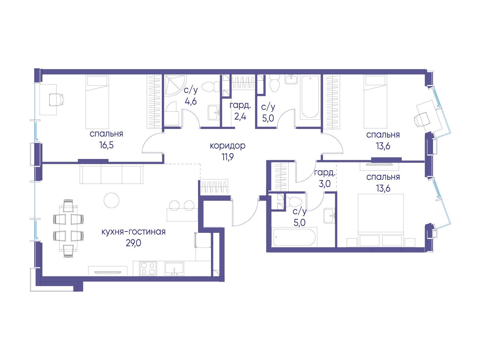 Планировка: 3-комн. квартира 104.50 м² в новостройке Событие