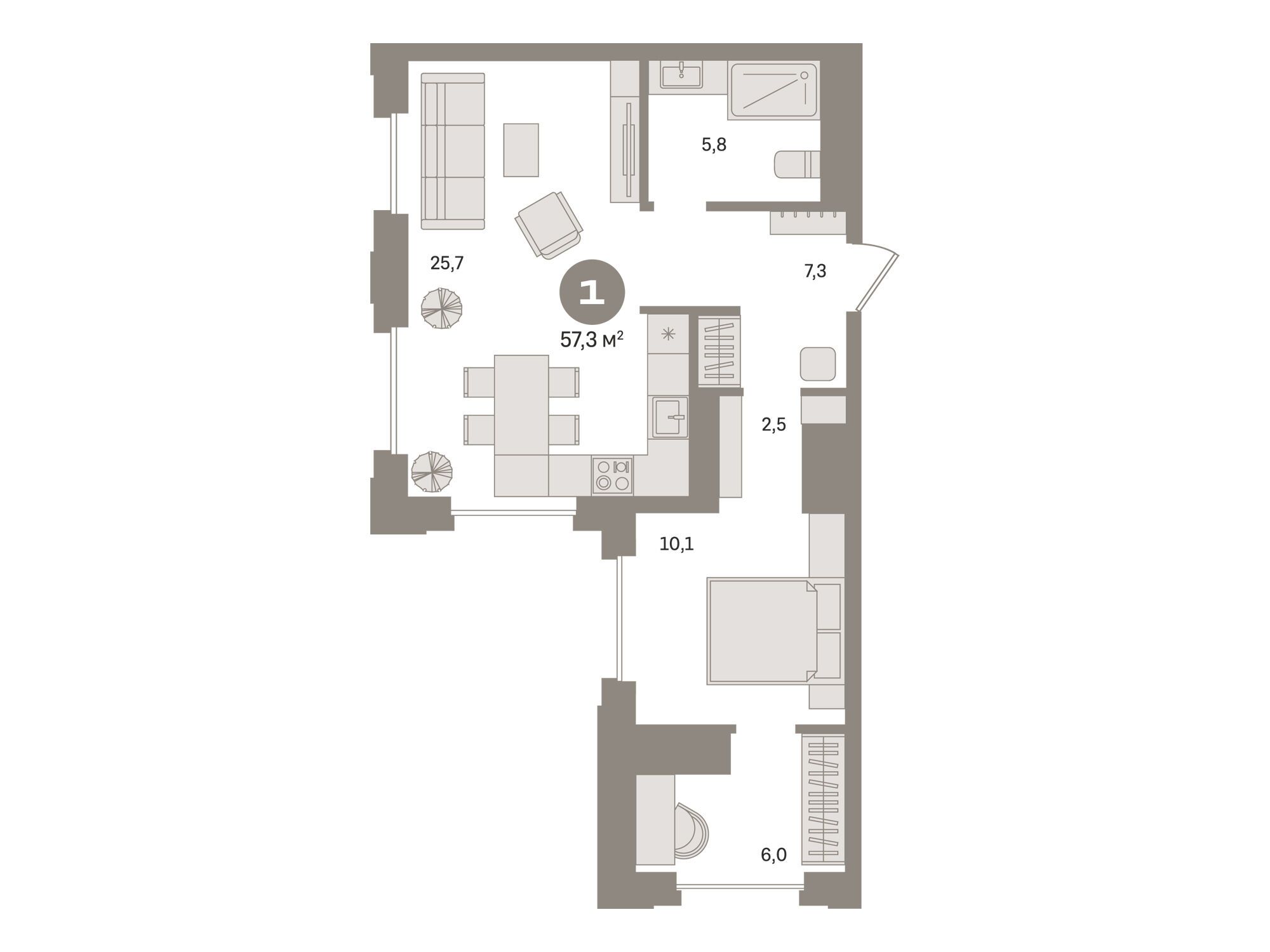 Планировка: 1-комн. квартира 57.30 м² в новостройке ЖК Монс