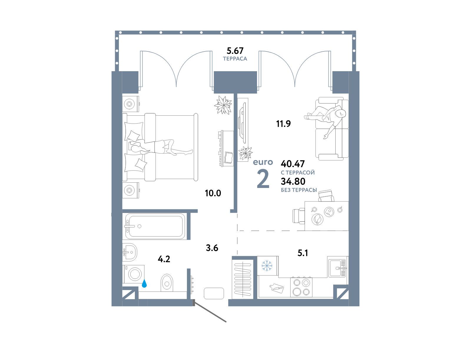 Планировка: 2-комн. квартира 40.47 м² в новостройке Страна. Озерная