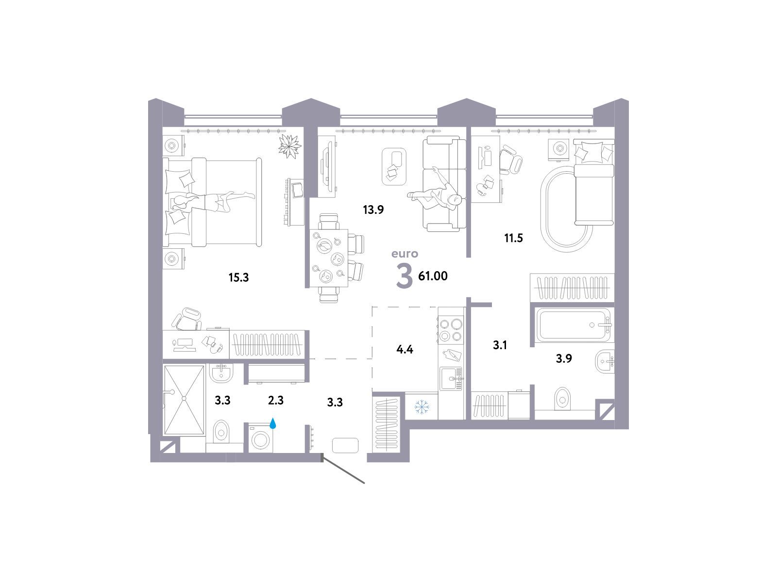 Планировка: 3-комн. квартира 61.00 м² в новостройке ЖК Страна Озерная