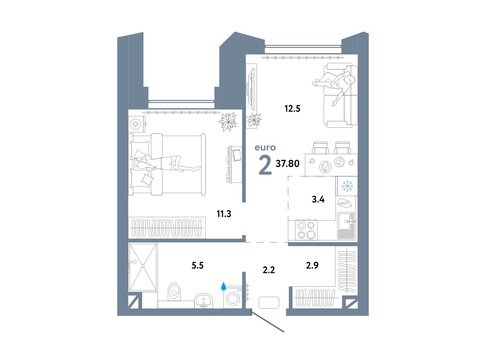 Планировка: 2-комн. квартира 37.80 м² в новостройке Страна. Озерная