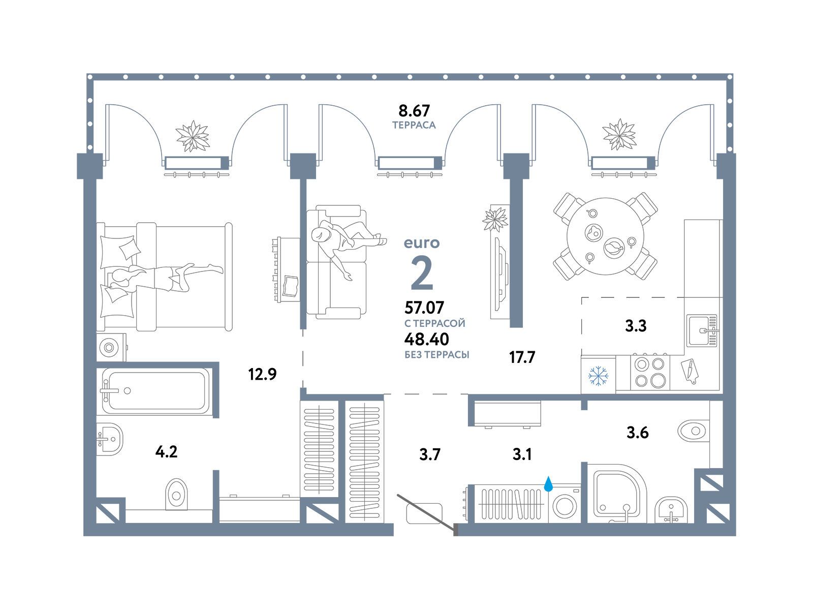 Планировка: 2-комн. квартира 57.07 м² в новостройке Страна. Озерная