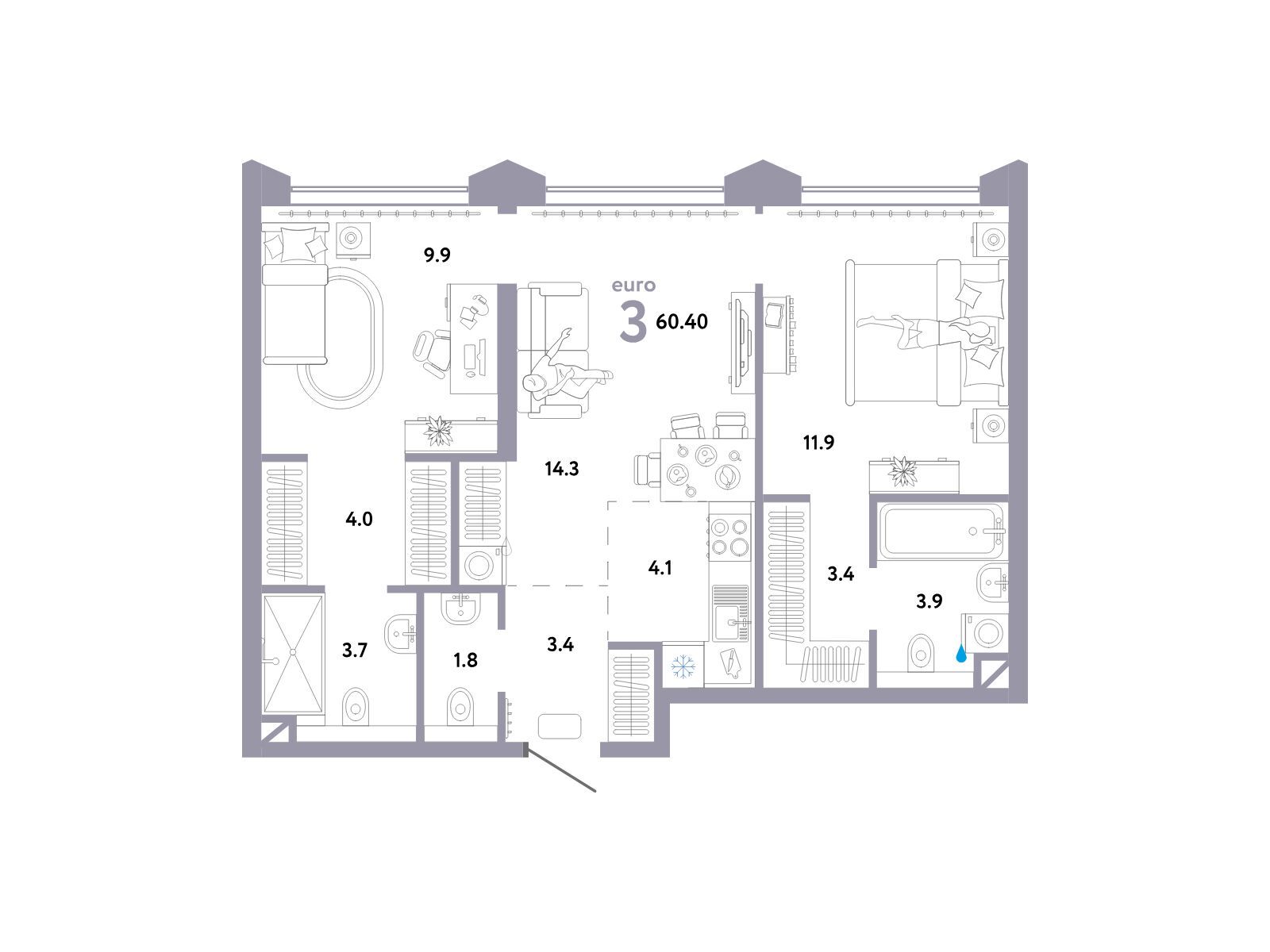 Планировка: 3-комн. квартира 60.40 м² в новостройке Страна. Озерная