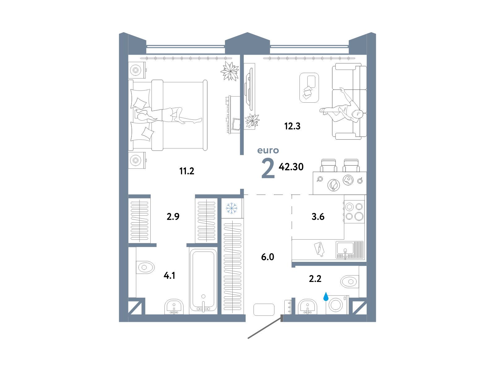 Планировка: 2-комн. квартира 42.30 м² в новостройке Страна. Озерная