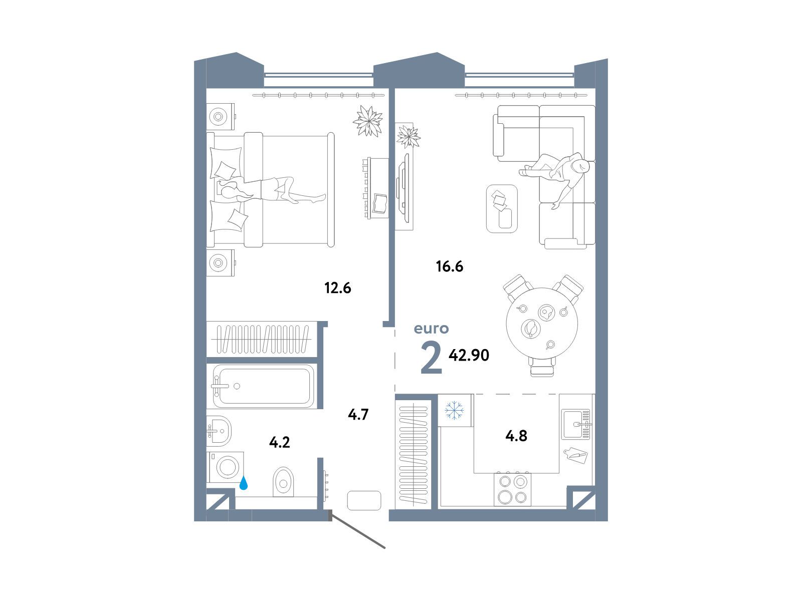 Планировка: 2-комн. квартира 42.90 м² в новостройке Страна. Озерная