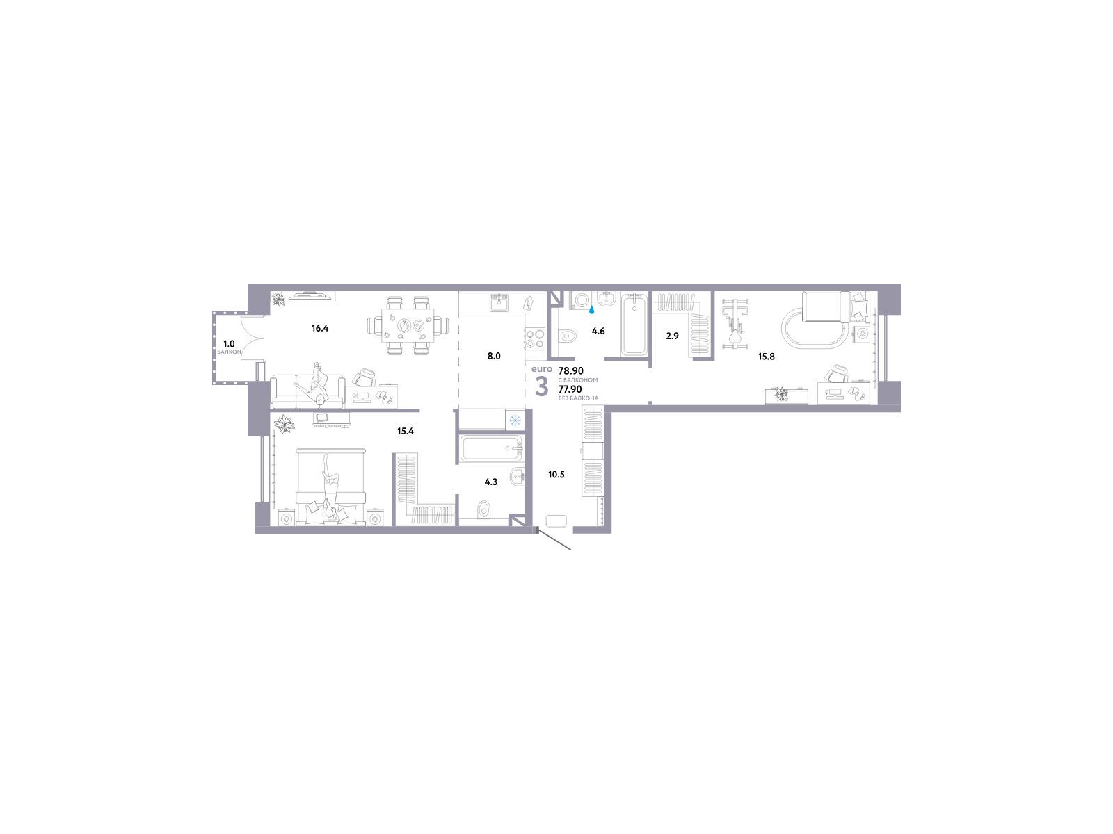 Планировка: 3-комн. квартира 78.90 м² в новостройке Страна. Озерная