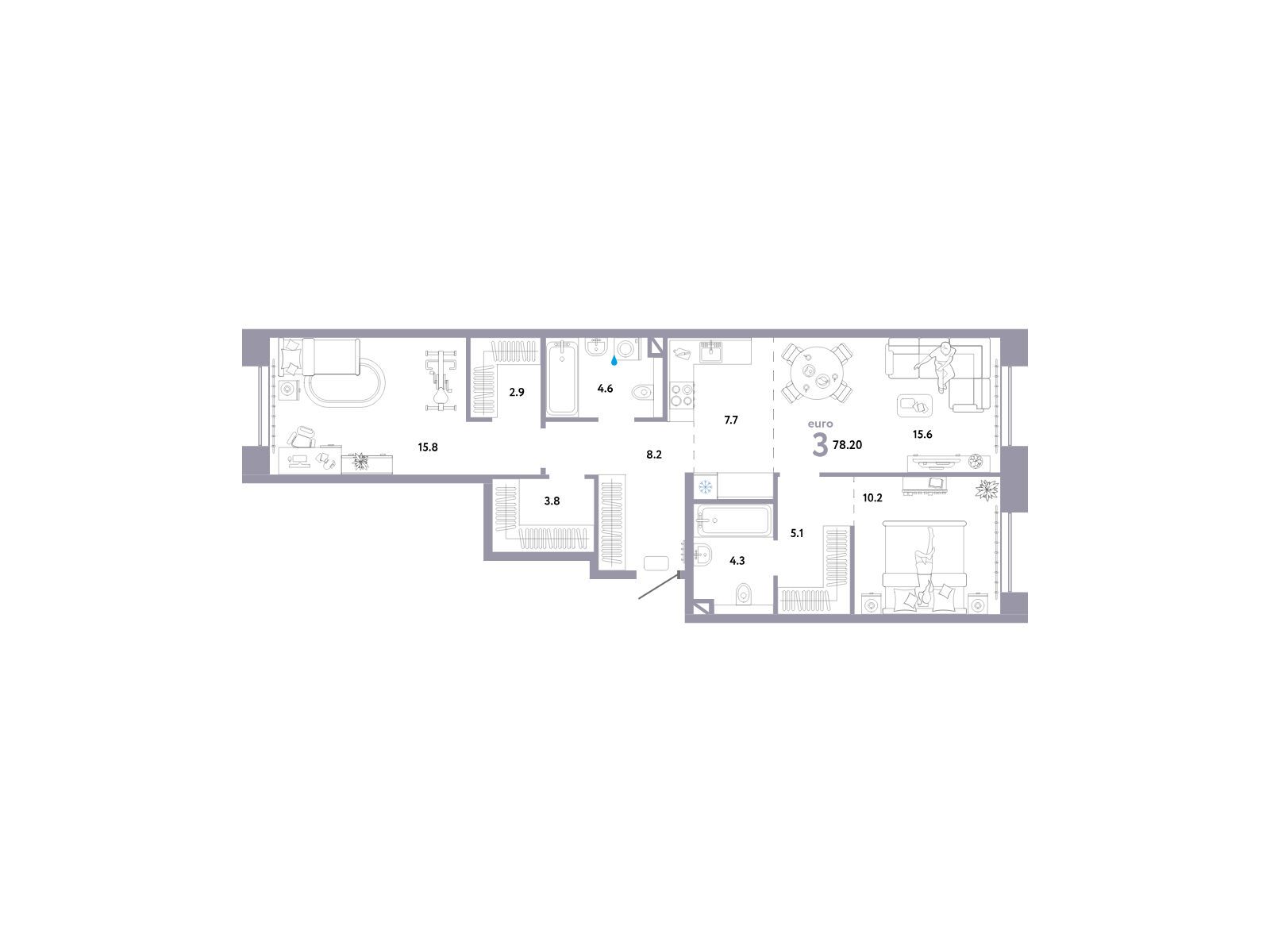 Планировка: 3-комн. квартира 78.20 м² в новостройке Страна. Озерная