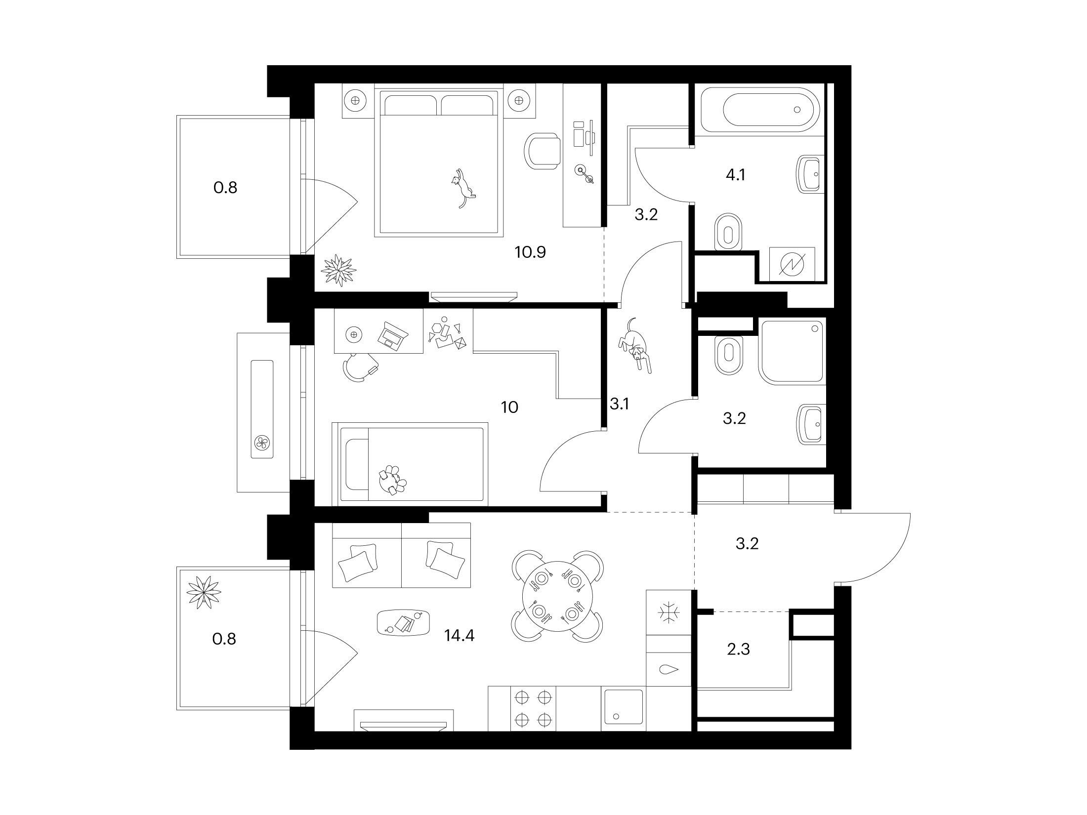 Планировка: 2-комн. квартира 56.00 м² в новостройке Зелёный парк