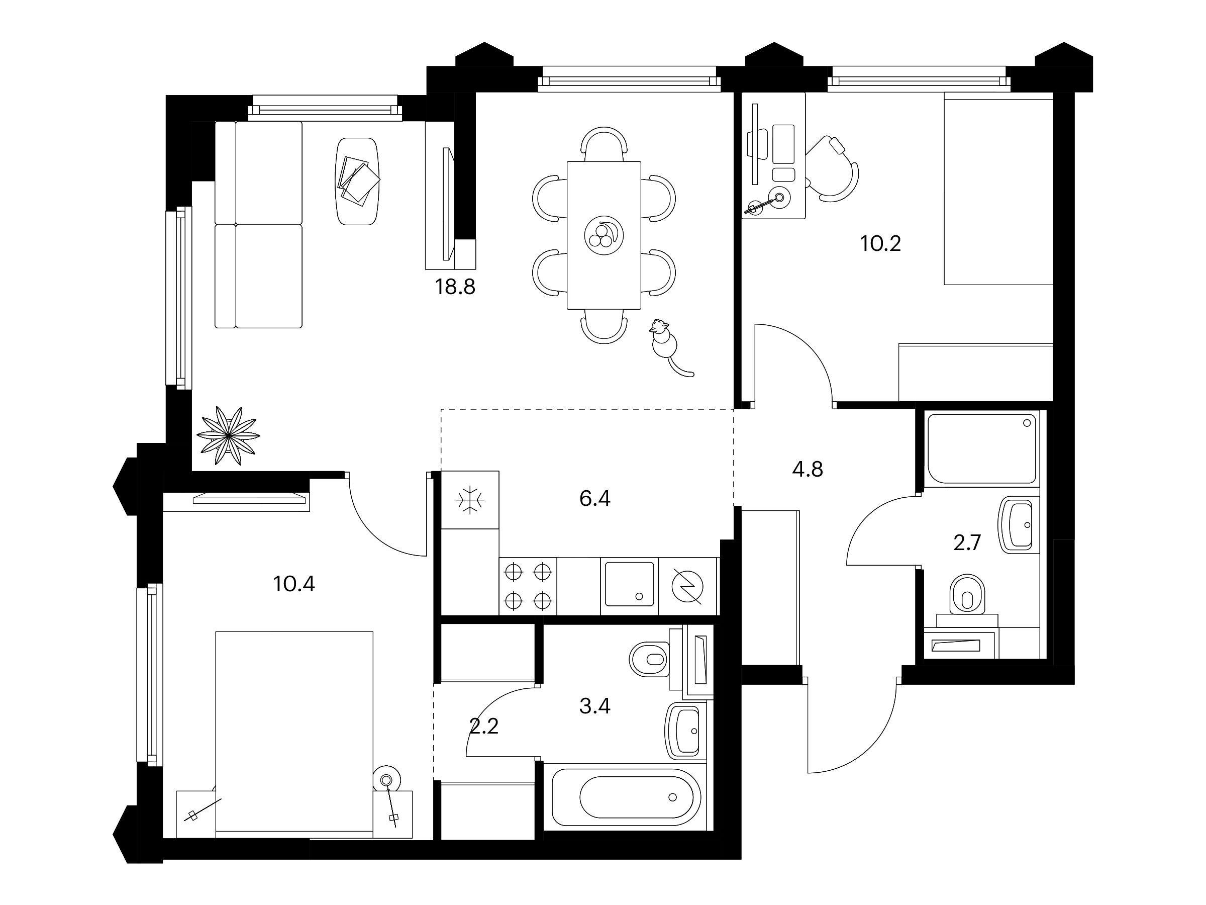 Планировка: 2-комн. квартира 58.90 м² в новостройке Бусиновский парк