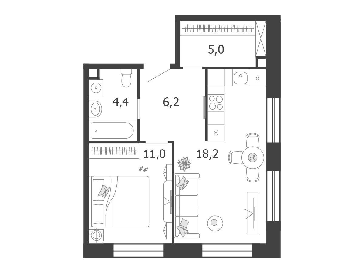Планировка: 1-комн. квартира 44.80 м² в новостройке Шагал