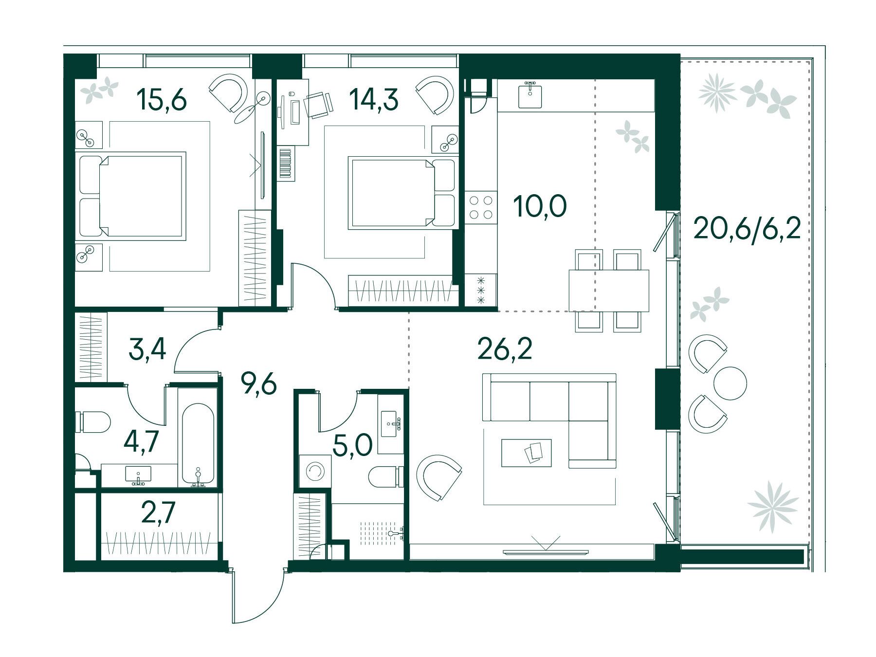 Планировка: 2-комн. квартира 98.60 м² в новостройке ЖК Примавера