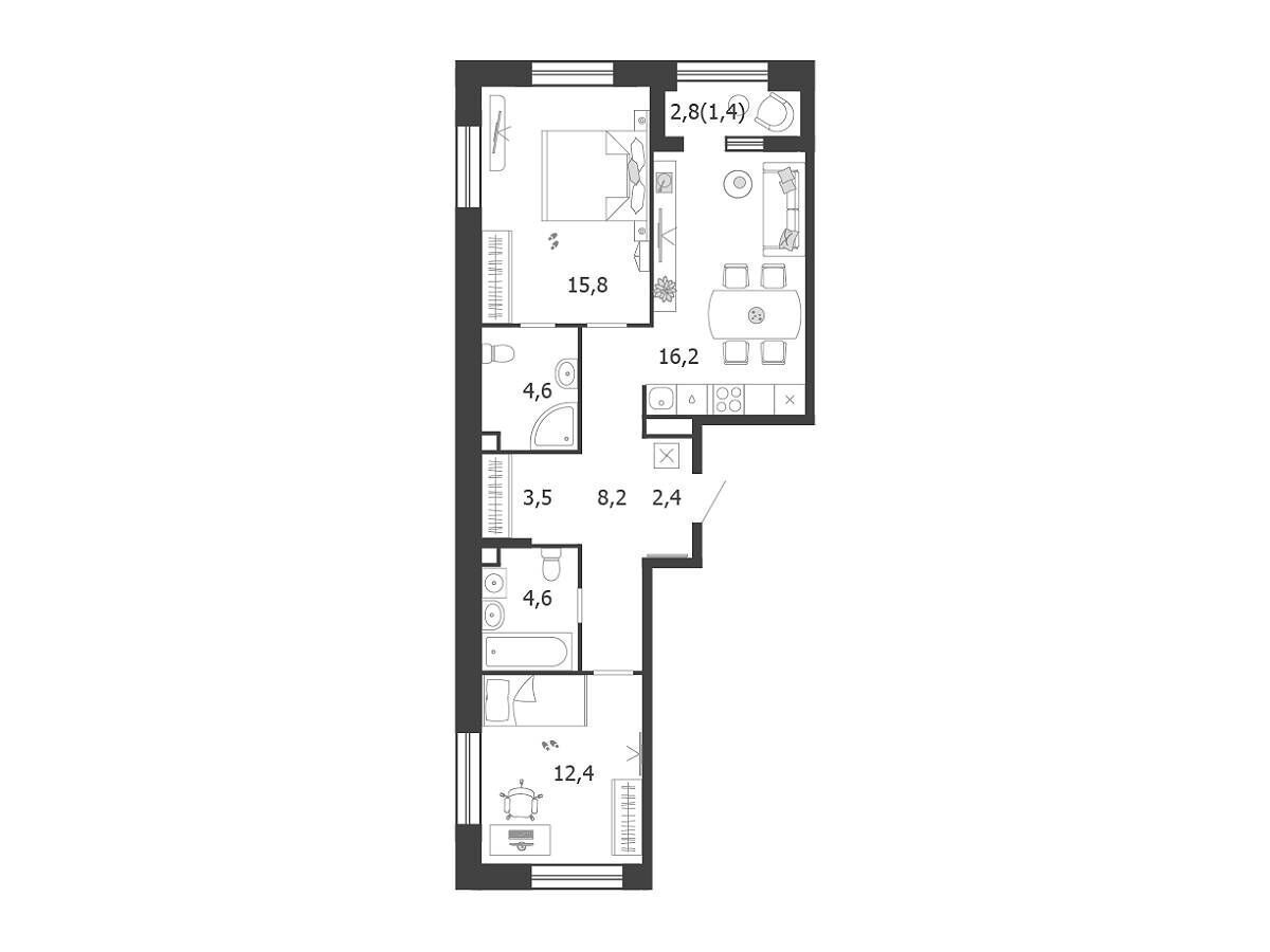 Планировка: 2-комн. квартира 70.00 м² в новостройке Шагал