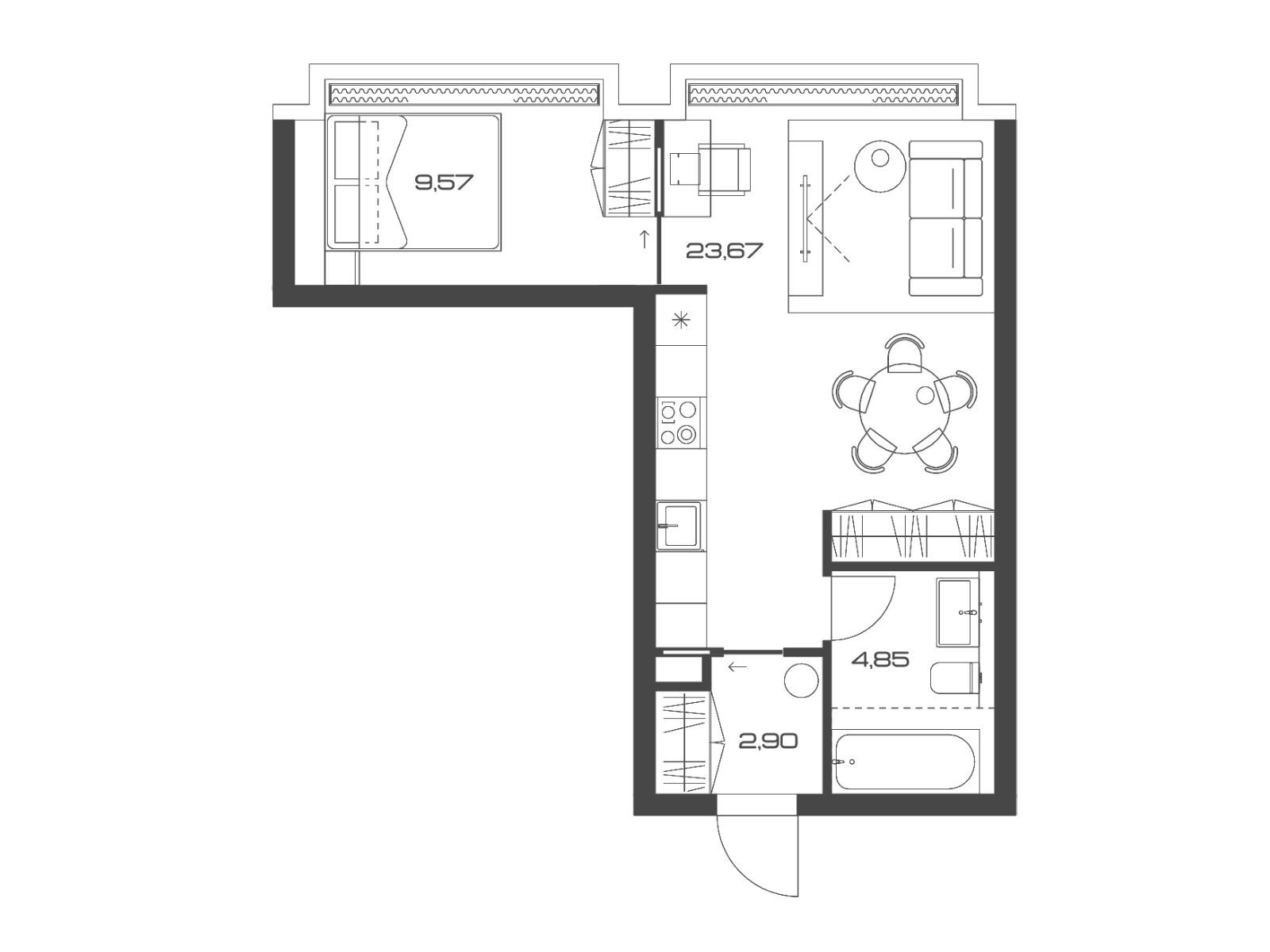 Планировка: 1-комн. квартира 41.70 м² в новостройке Лунар