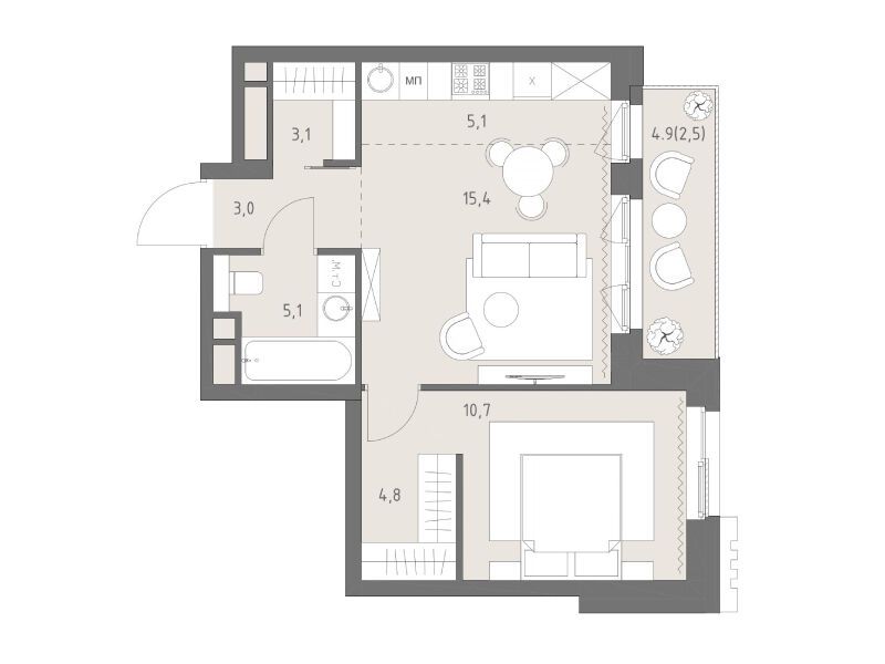 Планировка: 2-комн. квартира 49.70 м² в новостройке Родина Парк
