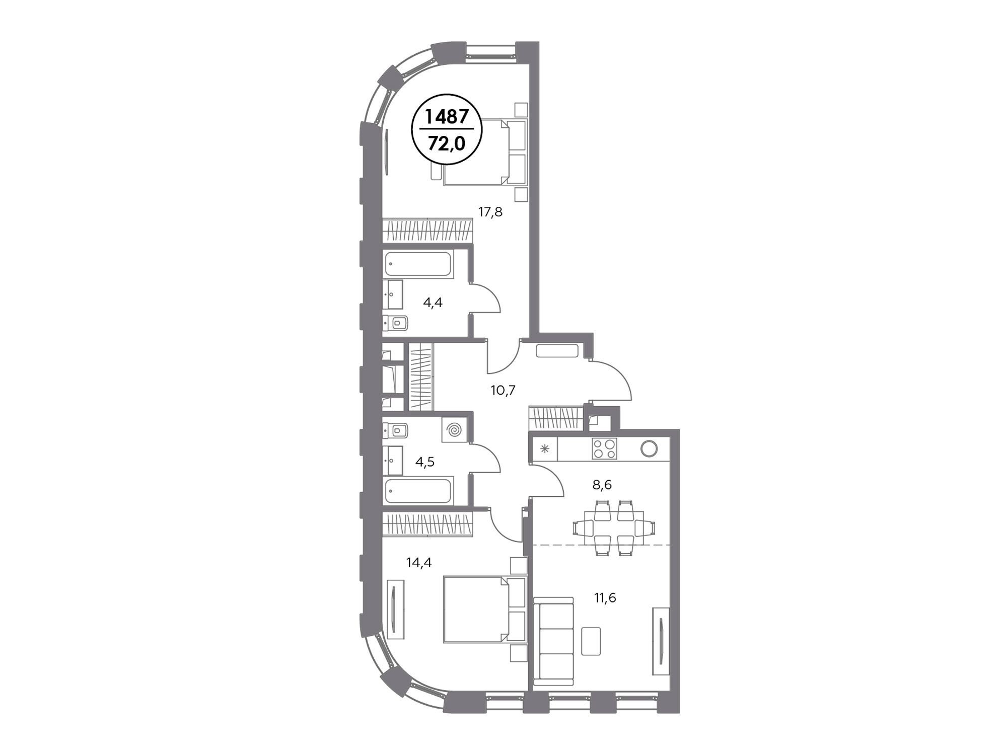 Планировка: 3-комн. квартира 72.00 м² в новостройке Адмирал