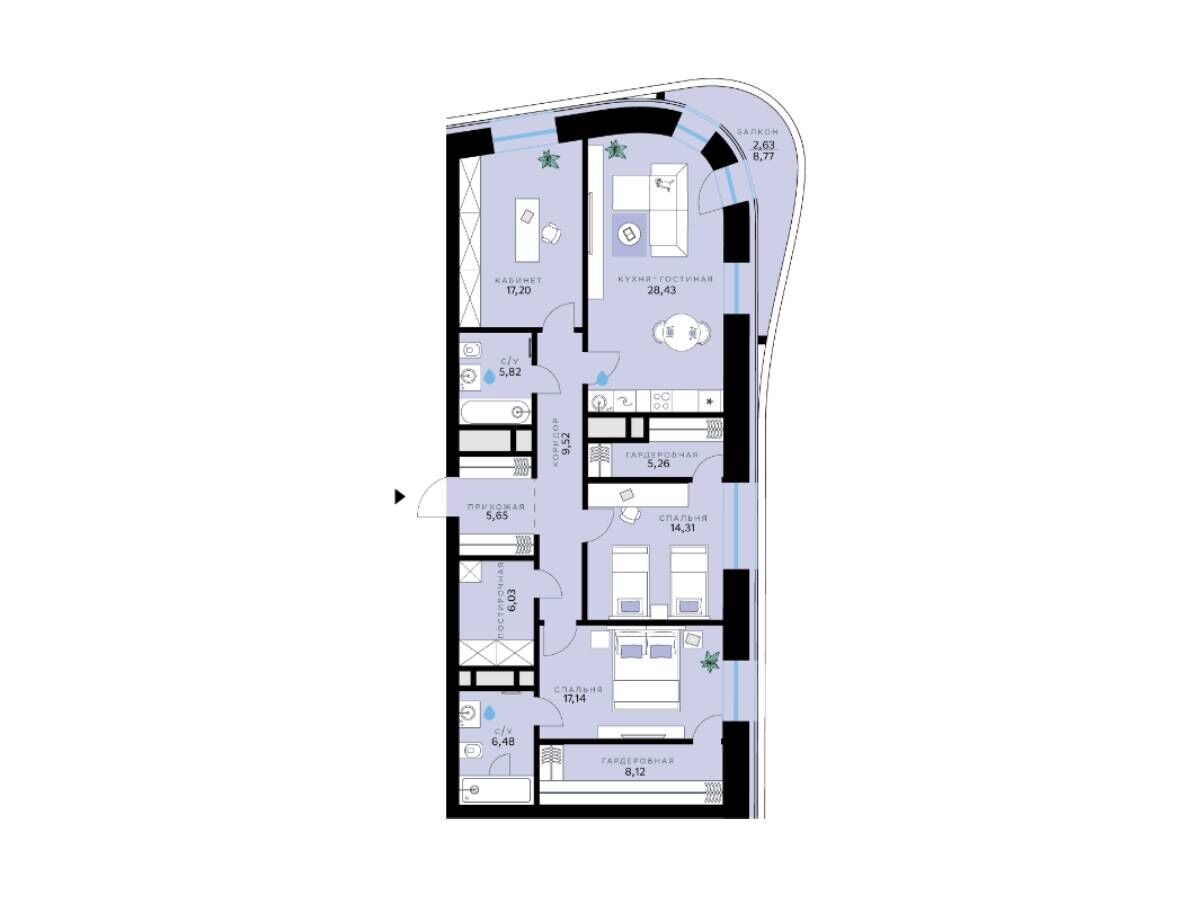 Планировка: 3-комн. квартира 126.59 м² в новостройке СберСити