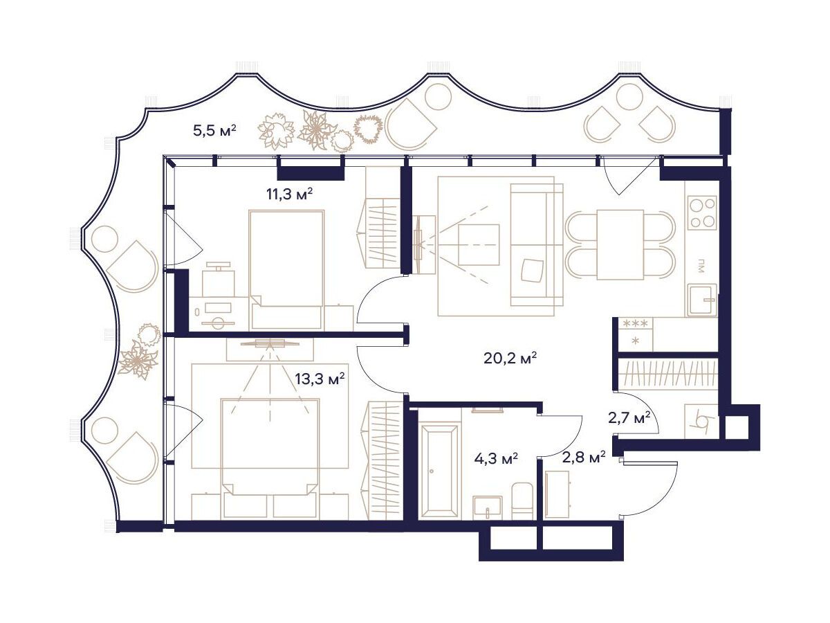 Планировка: 2-комн. квартира 60.10 м² в новостройке Союз